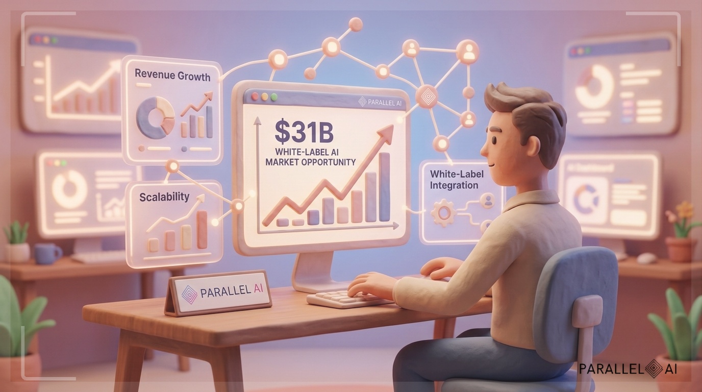 A dynamic hero illustration showing a solopreneur at a modern desk with multiple AI dashboard screens glowing softly in the background, representing the $31B white-label AI market opportunity. Include upward-trending growth charts and connected nodes symbolizing scalability and AI integration. The scene should convey momentum and opportunity with a sense of clarity and purpose. Use the Parallel AI brand's professional aesthetic blended with warm, inviting tones that suggest both technological sophistication and accessibility. Composition should be balanced with the entrepreneur in focus, dashboards creating depth, soft diffused lighting casting gentle shadows, matte finish with subtle handcrafted details in UI elements. Color palette featuring soft pastels with warm accent tones suggesting innovation without coldness. --ar 16:9 --style raw --v 6, professional aesthetic of a modern AI platform, in AirBNB claymation style, soft pastel color palette with warm tones, gentle and playful textures, diffused natural lighting, balanced composition with centered focus, matte finish with handcrafted feel, warm inviting mood blending technological innovation with cozy charm --ar 16:9 --style raw --v 6 (with template: New Frame)