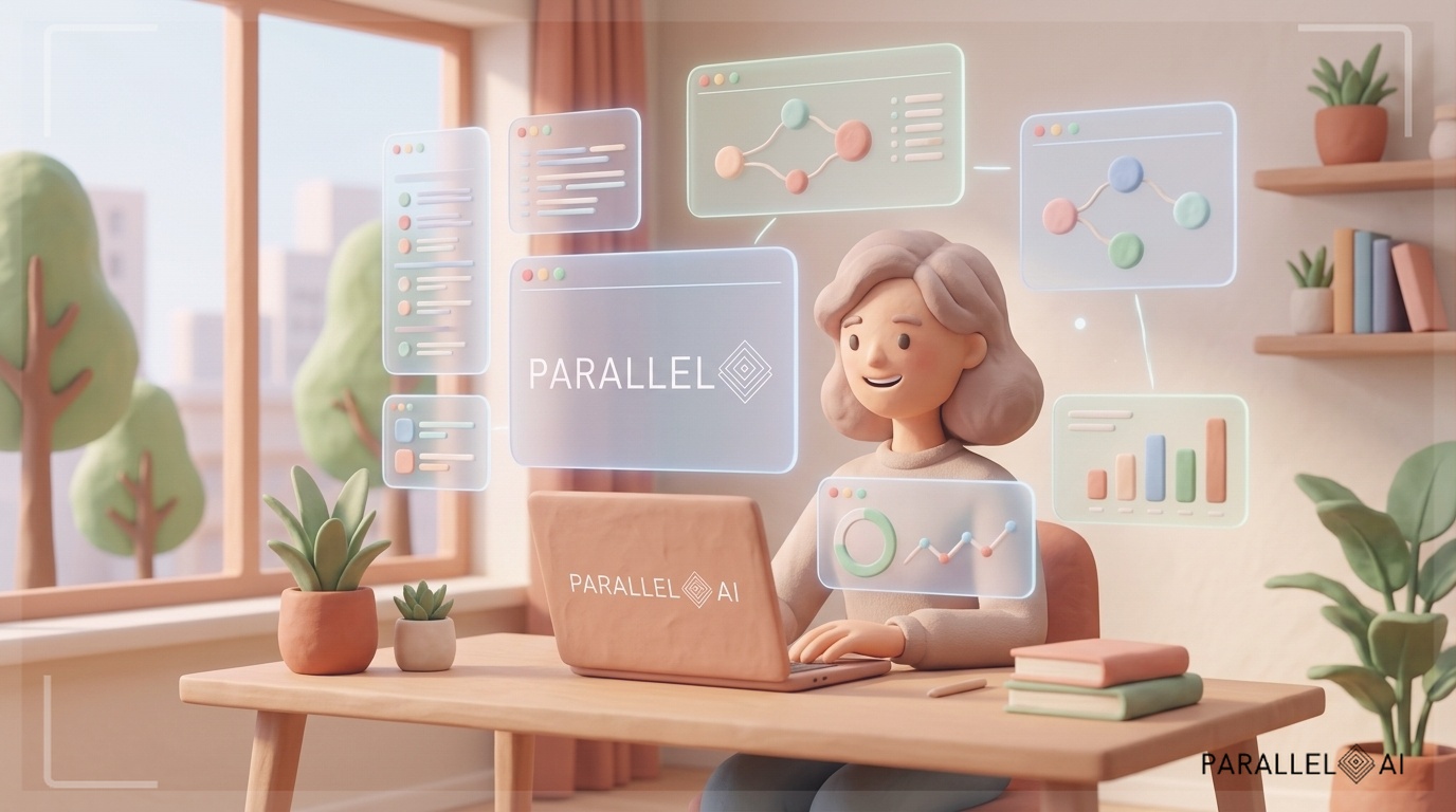 A solopreneur or small business owner sitting at a clean, minimalist desk working on a laptop, with holographic AI dashboards and interface elements floating around them in soft, glowing forms. The scene represents the ease of launching an AI agency without technical skills. Modern workspace with natural daylight streaming through windows, plants adding life to the space, and a sense of entrepreneurial energy and possibility. Show smooth workflows and data streams visualized as gentle, interconnected nodes. Professional aesthetic of a modern AI platform, in AirBNB claymation style, soft pastel color palette with warm tones, gentle and playful textures, diffused natural lighting, balanced composition with centered focus, matte finish with handcrafted feel, warm inviting mood blending technological innovation with cozy charm --ar 16:9 --style raw --v 6 professional aesthetic of a modern AI platform, in AirBNB claymation style, soft pastel color palette with warm tones, gentle and playful textures, diffused natural lighting, balanced composition with centered focus, matte finish with handcrafted feel, warm inviting mood blending technological innovation with cozy charm --ar 16:9 --style raw --v 6 (with template: New Frame)