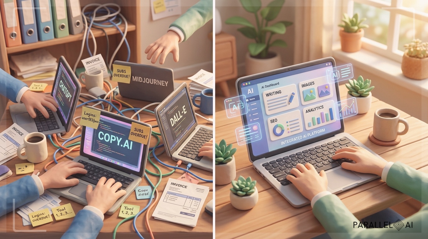 A chaotic desk scene split down the middle, left side showing overwhelming disorder: multiple laptops open with different AI tool interfaces glowing, tangled cables, scattered subscription invoices and sticky notes with login credentials, stressed hands reaching for multiple devices simultaneously. Right side showing serene organization: a single sleek laptop displaying a unified dashboard interface with integrated modules, clean workspace, calm hands confidently working on one device. The transition from chaos to order should be dramatic, with warm golden hour lighting from a window casting natural light across the scene. The unified platform interface should hint at AI capabilities through subtle holographic overlays. Shot from a 45-degree overhead angle to capture the full desk transformation. Use a shallow depth of field to emphasize the contrast between the two halves. professional aesthetic of a modern AI platform, in AirBNB claymation style, soft pastel color palette with warm tones, gentle and playful textures, diffused natural lighting, balanced composition with centered focus, matte finish with handcrafted feel, warm inviting mood blending technological innovation with cozy charm --ar 16:9 --style raw --v 6 (with template: New Frame)