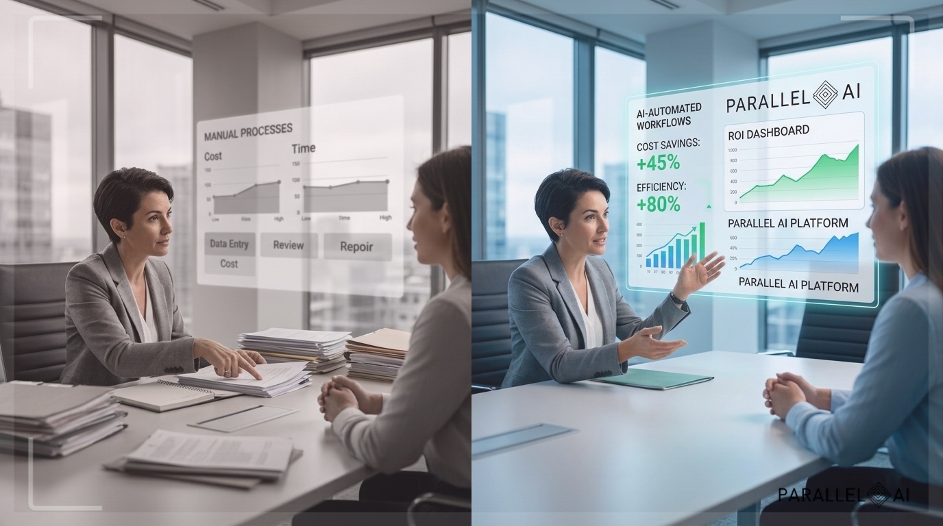 A confident business consultant presenting a detailed ROI dashboard to an engaged client across a modern conference table, split-screen composition showing 'before and after' scenarios with manual processes on left transforming into AI-automated workflows on right, clean data visualizations floating holographically above the table displaying cost savings metrics and efficiency graphs, warm professional lighting creating trust and clarity, the consultant gesturing toward tangible business metrics rather than abstract technology, modern corporate environment with floor-to-ceiling windows, photorealistic style with slight motion blur suggesting transformation and progress, color palette transitioning from muted corporate grays on the left to optimistic blues and greens on the right, shallow depth of field focusing on the human connection and data points, professional aesthetic of a modern AI platform, in AirBNB claymation style, soft pastel color palette with warm tones, gentle and playful textures, diffused natural lighting, balanced composition with centered focus, matte finish with handcrafted feel, warm inviting mood blending technological innovation with cozy charm --ar 16:9 --style raw --v 6 (with template: New Frame)