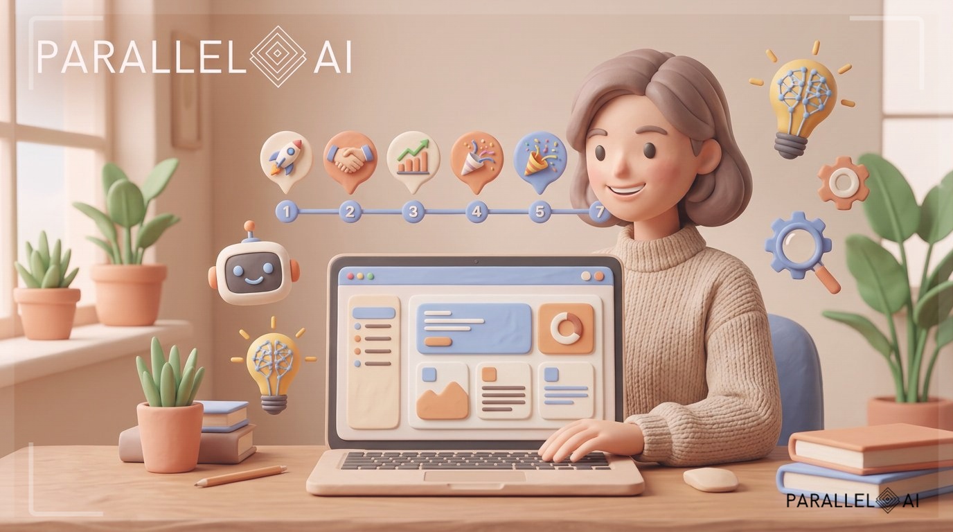 Hero banner showcasing a entrepreneur launching an AI agency dashboard interface, depicted in warm pastel tones with soft claymation-style 3D elements. The central focus shows a modern platform interface with clean, minimalist design featuring soft blues, warm oranges, and cream colors. Include visual elements representing the 7-day launch journey: a gentle timeline or milestone markers. The atmosphere should feel both professional and inviting, blending technological sophistication with accessible, friendly design. Diffused natural lighting creates soft shadows and depth. The composition centers on an entrepreneur confidently working at a laptop with AI tools floating around visualized as friendly, playful icons. Matte finish with handcrafted warmth. The overall mood conveys rapid growth, opportunity, and approachability without intimidation. professional aesthetic of a modern AI platform, in AirBNB claymation style, soft pastel color palette with warm tones, gentle and playful textures, diffused natural lighting, balanced composition with centered focus, matte finish with handcrafted feel, warm inviting mood blending technological innovation with cozy charm --ar 16:9 --style raw --v 6 (with template: New Frame)