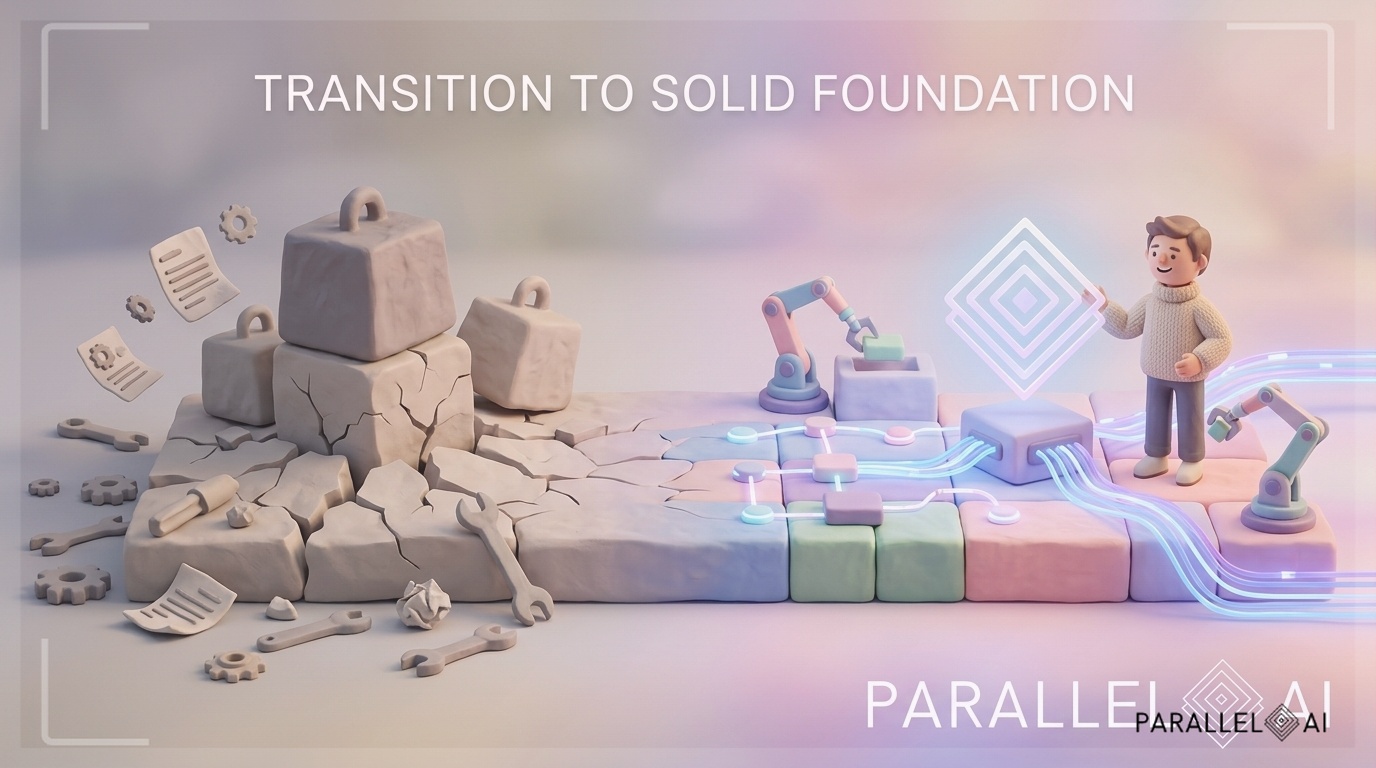 A minimalist illustration showing a broken foundation cracking under weight, transitioning smoothly into a solid, structured foundation with interconnected systems. The left side depicts scattered tools and chaotic workflows in muted grays, while the right side shows organized, automated processes glowing softly with connected nodes and flowing data streams. Include a small AI agency owner figure looking relieved on the structured side. Use the warm, inviting aesthetic of a modern AI platform in soft pastel tones with gentle, handcrafted textures, maintaining the professional yet approachable claymation-inspired style with diffused natural lighting and centered composition. professional aesthetic of a modern AI platform, in AirBNB claymation style, soft pastel color palette with warm tones, gentle and playful textures, diffused natural lighting, balanced composition with centered focus, matte finish with handcrafted feel, warm inviting mood blending technological innovation with cozy charm --ar 16:9 --style raw --v 6 (with template: New Frame)