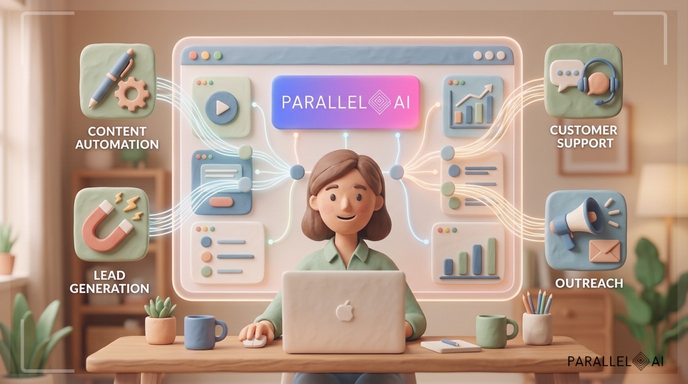A unified dashboard interface showing multiple AI tools consolidated into one clean platform, with interconnected nodes and data streams flowing seamlessly between different modules. The scene depicts a entrepreneur or business owner viewing the dashboard with a satisfied expression, surrounded by floating icons representing content automation, lead generation, customer support, and outreach capabilities. The composition should feel modern yet approachable, with a sense of relief and clarity replacing chaos. Incorporate soft pastel colors with warm tones—sage greens, warm blues, and peachy accents—creating an inviting technological environment. Use claymation-style rendering with gentle, handcrafted textures and diffused natural lighting. The dashboard should glow softly with warm highlights, emphasizing the consolidation of complexity into simplicity. Matte finish with cozy yet professional charm. --ar 16:9 --style raw --v 6 professional aesthetic of a modern AI platform, in AirBNB claymation style, soft pastel color palette with warm tones, gentle and playful textures, diffused natural lighting, balanced composition with centered focus, matte finish with handcrafted feel, warm inviting mood blending technological innovation with cozy charm --ar 16:9 --style raw --v 6 (with template: New Frame)