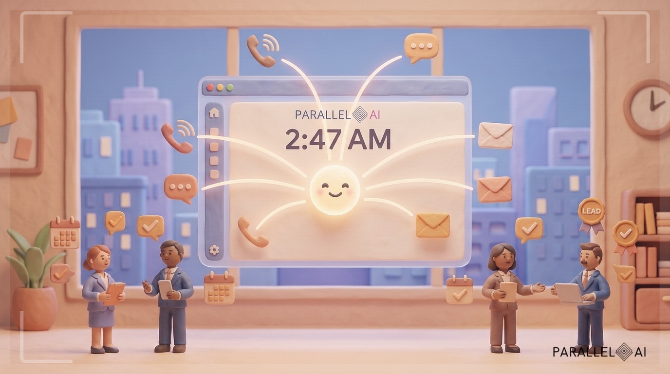 A warm, inviting claymation-style scene depicting a glowing AI receptionist interface at 2:47 AM — a softly lit digital dashboard floats in a cozy, pastel-toned workspace. Multiple communication channels (phone, chat, email bubbles) radiate outward like gentle arcs of light, all converging on a central friendly AI core represented as a luminous orb with a subtle smiling face. In the background, a sleepy city skyline is visible through a window, rendered in muted blues and lavenders. The foreground features miniature clay figurines of business professionals being assisted in real-time, with tiny calendar icons, checkmarks, and lead qualification badges floating around them in soft amber and peach hues. The Parallel AI logo (referencing brand icon 8f6f4f96-bbbe-4919-9a94-3b2cd9ca7ec2) appears naturally integrated into the glowing dashboard screen, maintaining brand recognition. The overall mood is warm, intelligent, and reassuring — technology that works while you sleep. professional aesthetic of a modern AI platform, in AirBNB claymation style, soft pastel color palette with warm tones, gentle and playful textures, diffused natural lighting, balanced composition with centered focus, matte finish with handcrafted feel, warm inviting mood blending technological innovation with cozy charm --ar 16:9 --style raw --v 6 (with template: New Frame)