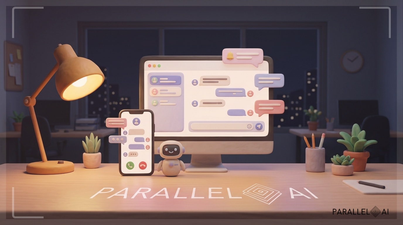 A cozy, modern office scene at night showing a glowing smartphone and desktop screen side by side, both displaying friendly AI chat and call interfaces with soft notification bubbles and conversation threads — symbolizing an AI receptionist seamlessly handling inquiries across multiple channels while the office is empty and dark outside the window. A small clay-style AI assistant figure sits between the devices, warm amber desk lamp casting soft light, plants and minimal desk accessories in the background. Incorporate the Parallel AI branded icon (warm background, recognizable logo mark) subtly reflected on the desk surface. professional aesthetic of a modern AI platform, in AirBNB claymation style, soft pastel color palette with warm tones, gentle and playful textures, diffused natural lighting, balanced composition with centered focus, matte finish with handcrafted feel, warm inviting mood blending technological innovation with cozy charm --ar 16:9 --style raw --v 6 (with template: New Frame)