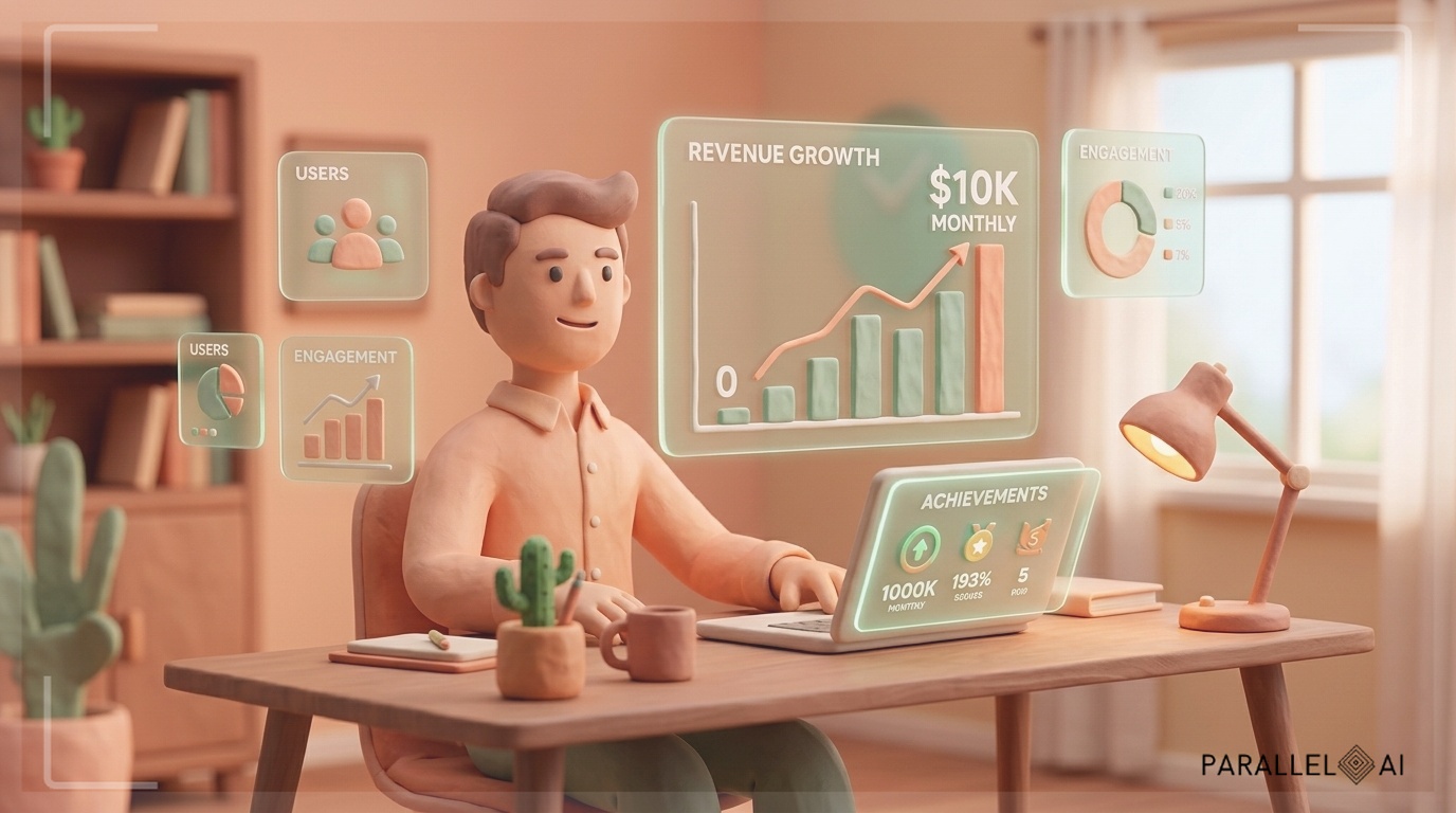 A modern entrepreneur at a sleek desk surrounded by holographic AI dashboards and charts showing revenue growth from $0 to $10K monthly, subtle claymation style with soft pastel colors, warm peachy and sage tones, gentle lighting from desk lamp creating ambient glow, laptop screen glowing with achievement metrics, cozy yet professional workspace with handcrafted aesthetic details, matte finish with inviting warmth, balanced composition showing both human confidence and technological sophistication blending innovation with approachability, sense of scaling and growth without complexity --ar 16:9 --style raw --v 6, professional aesthetic of a modern AI platform, in AirBNB claymation style, soft pastel color palette with warm tones, gentle and playful textures, diffused natural lighting, balanced composition with centered focus, matte finish with handcrafted feel, warm inviting mood blending technological innovation with cozy charm --ar 16:9 --style raw --v 6 (with template: New Frame)