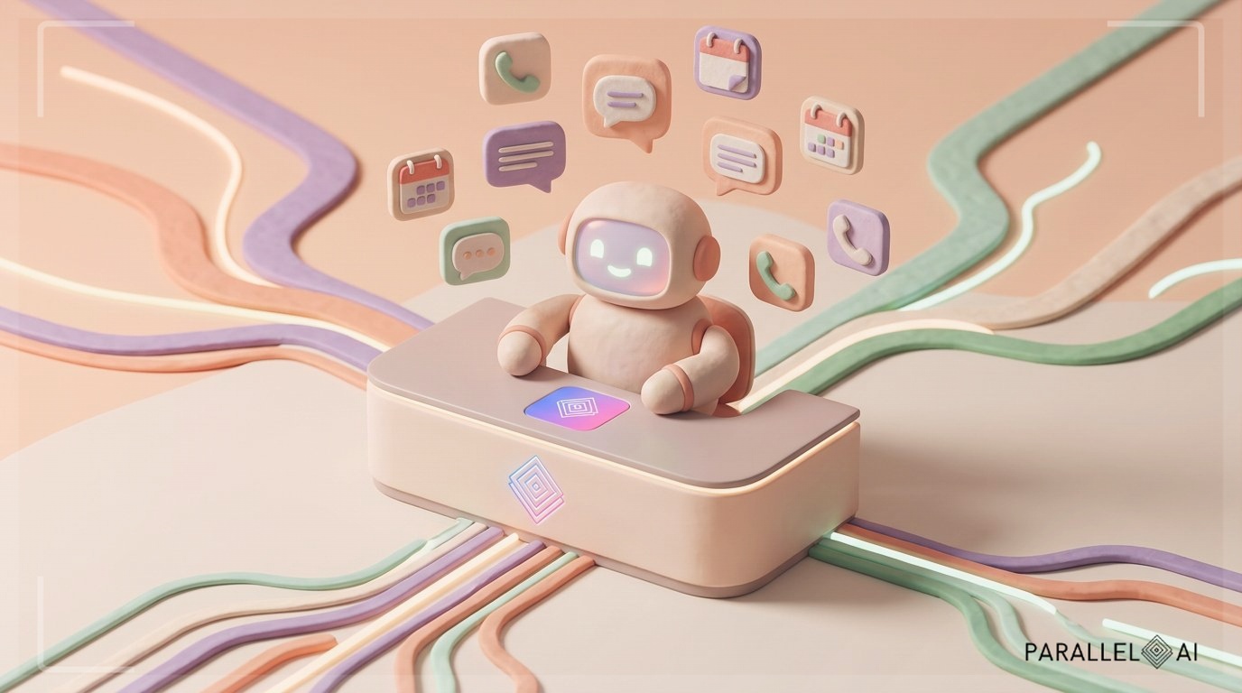 A modern claymation-style scene depicting a friendly AI receptionist at the center — a soft, rounded robot figure with a gentle glowing face sitting at a sleek reception desk, surrounded by floating phone call icons, chat bubbles, and calendar notifications. Multiple branching pathways radiate outward representing different business channels being managed simultaneously. The scene uses warm pastel tones — soft peach, lavender, mint green, and cream — with diffused natural lighting casting gentle shadows. The composition is centered and balanced, evoking a sense of organized efficiency and warmth. The overall mood is inviting and tech-forward yet approachable, with a matte handcrafted texture throughout. The Parallel AI logo icon (with background) is subtly embedded as a glowing emblem on the reception desk surface, maintaining brand recognition. professional aesthetic of a modern AI platform, in AirBNB claymation style, soft pastel color palette with warm tones, gentle and playful textures, diffused natural lighting, balanced composition with centered focus, matte finish with handcrafted feel, warm inviting mood blending technological innovation with cozy charm --ar 16:9 --style raw --v 6 (with template: New Frame)