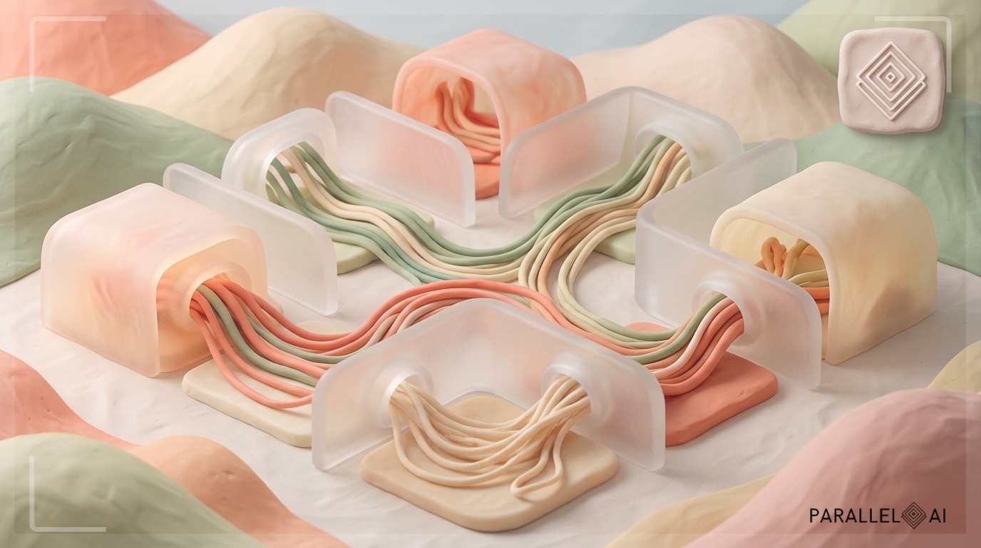 Abstract data architecture visualization showing isolated data compartments, depicted as separate glowing chambers or vaults in a digital landscape. Each compartment contains distinct data flows represented by soft flowing lines in warm pastels (coral, sage green, warm cream). The compartments are clearly separated by semi-transparent barriers, emphasizing security and isolation. Incorporate the Parallel AI brand aesthetic with professional yet approachable design language. The overall mood should convey trustworthiness and technical sophistication balanced with accessibility. Use soft, diffused lighting to create depth and dimension. Modern, minimalist composition with emphasis on clarity and visual hierarchy. The image should communicate data security and multi-tenant architecture without appearing cold or overly technical. professional aesthetic of a modern AI platform, in AirBNB claymation style, soft pastel color palette with warm tones, gentle and playful textures, diffused natural lighting, balanced composition with centered focus, matte finish with handcrafted feel, warm inviting mood blending technological innovation with cozy charm --ar 16:9 --style raw --v 6 (with template: New Frame)