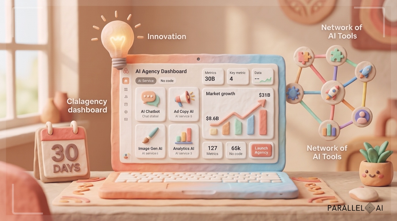 A dynamic laptop screen displaying an AI agency dashboard with multiple white-label AI service modules arranged in an organized grid layout. The screen shows growth charts trending upward, representing the explosive $8.6B to $31B market growth. Surrounding the laptop are symbolic elements: a calendar marked with '30 days', a lightbulb representing innovation, and interconnected nodes suggesting a network of AI tools and services. The scene should convey entrepreneurial energy and accessibility, with no code visible anywhere. Use the Parallel AI brand style - adopt the soft pastel color palette with warm tones, gentle and playful textures, and diffused natural lighting. The overall mood should balance technological sophistication with approachable charm, emphasizing that launching an AI agency is now achievable without technical expertise. Include subtle warm inviting atmosphere with handcrafted feel. professional aesthetic of a modern AI platform, in AirBNB claymation style, soft pastel color palette with warm tones, gentle and playful textures, diffused natural lighting, balanced composition with centered focus, matte finish with handcrafted feel, warm inviting mood blending technological innovation with cozy charm --ar 16:9 --style raw --v 6 (with template: New Frame)
