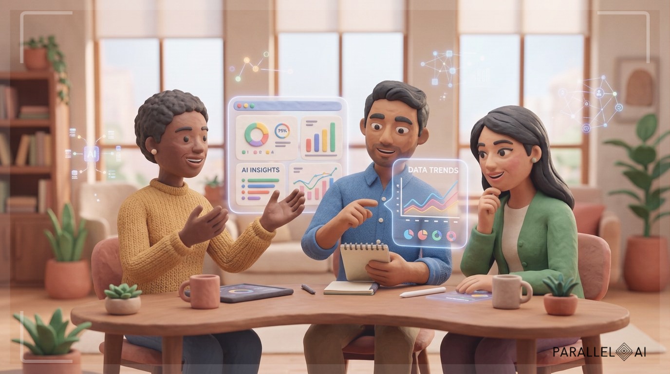 A warm, inviting consultation scene showing a diverse team of professionals collaborating around a modern digital interface displaying AI analytics and insights, human hands gesturing in discussion while holographic AI visualizations float subtly in the background, conveying partnership between human expertise and technology, soft natural lighting streaming through office windows, shallow depth of field focusing on the collaborative interaction, business casual attire, confident and trusting body language, modern minimalist office setting with plants and warm wood accents, photorealistic style with a touch of cinematic warmth, professional aesthetic of a modern AI platform, in AirBNB claymation style, soft pastel color palette with warm tones, gentle and playful textures, diffused natural lighting, balanced composition with centered focus, matte finish with handcrafted feel, warm inviting mood blending technological innovation with cozy charm --ar 16:9 --style raw --v 6 (with template: New Frame)