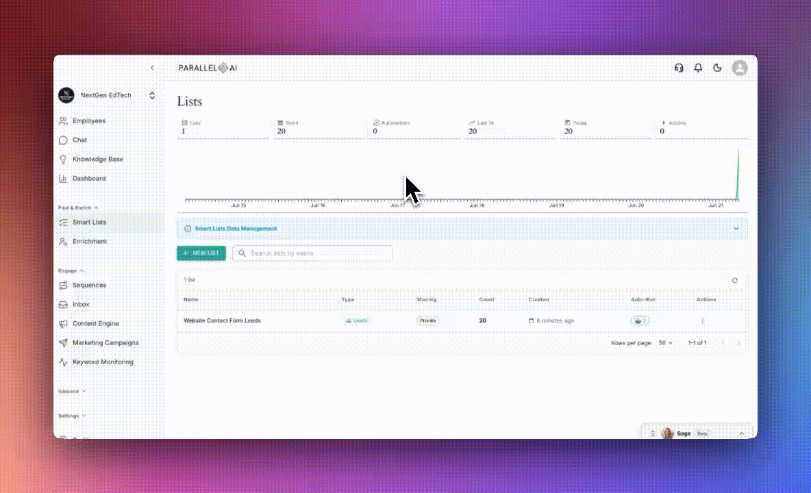 Parallel AI smart list in action