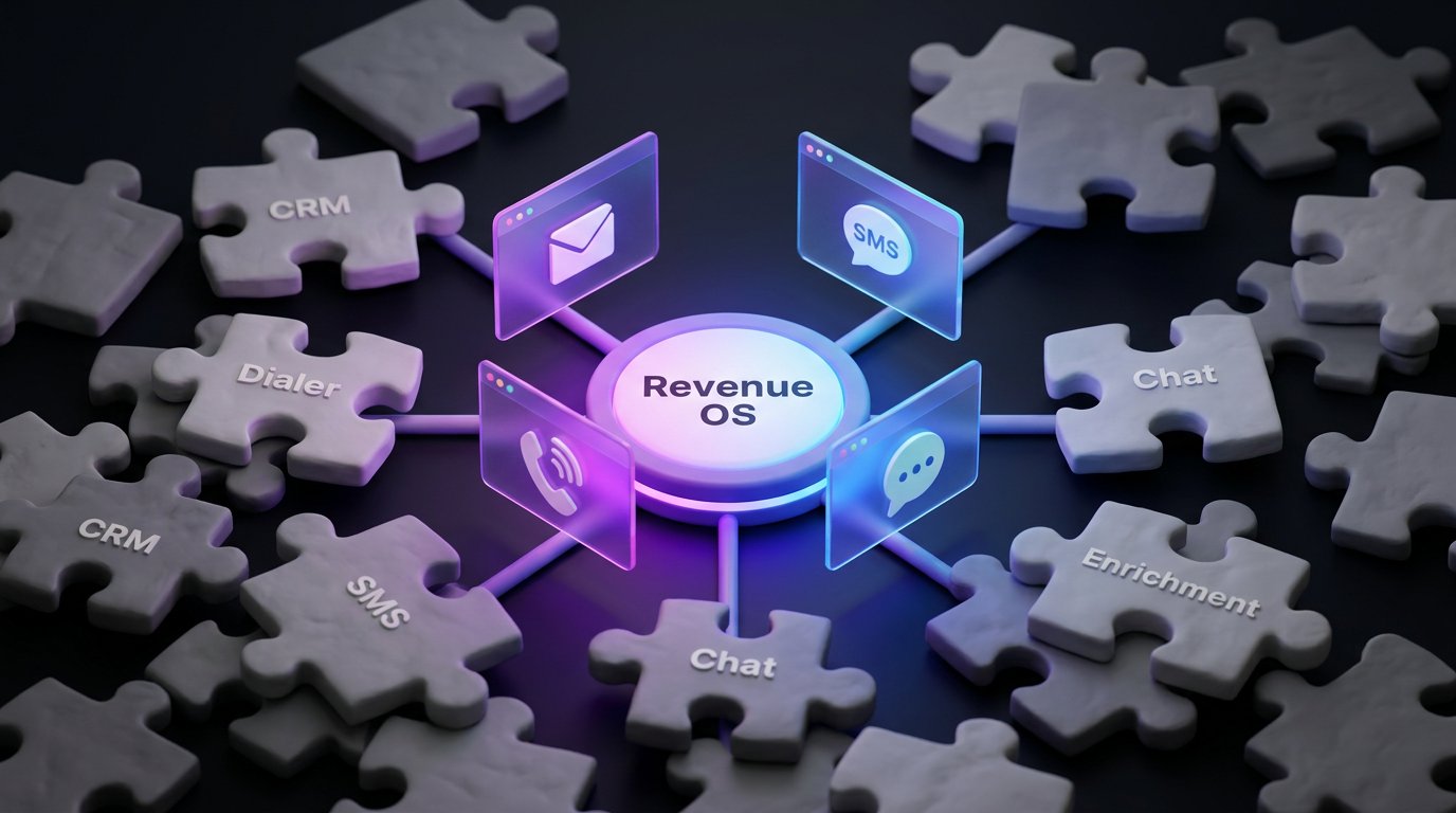 A futuristic visual metaphor of a unified revenue operations platform. A single, glowing central hub with the word 'Revenue OS' connects seamlessly to floating holographic screens showing icons for email, voice calls, SMS, and chat. Surrounding it, a chaotic jumble of disconnected, monochrome puzzle pieces labeled CRM, Dialer, SMS, Chat, Content, Enrichment lie dormant and gray. The central hub emits a vibrant gradient of brand purples and blues, casting dynamic light. Clean, modern SaaS illustration style, 3D rendered with soft neon glows and a dark tech-focused background. Crisp, professional, and minimalist. The composition draws the eye from the messy fragments toward the integrated center. No text besides the icons.