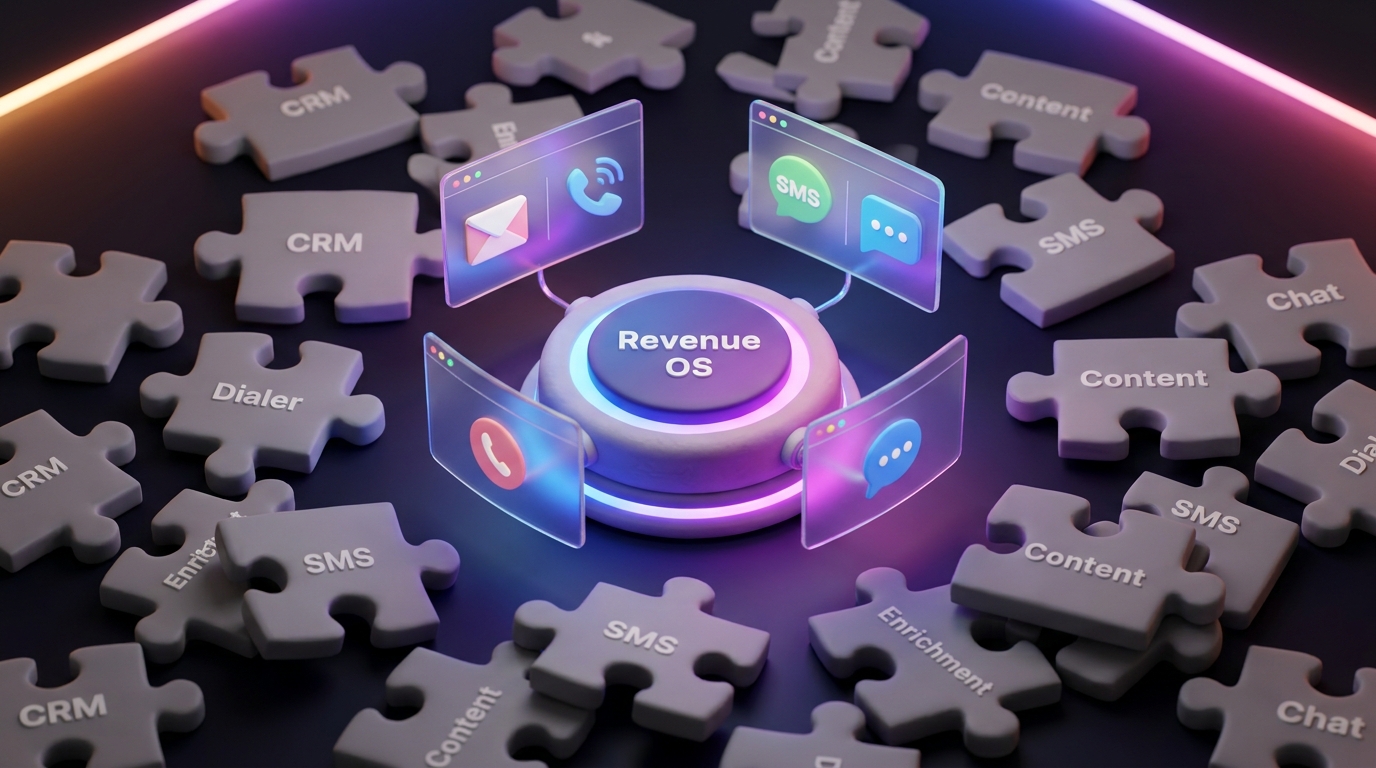 A futuristic visual metaphor of a unified revenue operations platform. A single, glowing central hub with the word 'Revenue OS' connects seamlessly to floating holographic screens showing icons for email, voice calls, SMS, and chat. Surrounding it, a chaotic jumble of disconnected, monochrome puzzle pieces labeled CRM, Dialer, SMS, Chat, Content, Enrichment lie dormant and gray. The central hub emits a vibrant gradient of brand purples and blues, casting dynamic light. Clean, modern SaaS illustration style, 3D rendered with soft neon glows and a dark tech-focused background. Crisp, professional, and minimalist. The composition draws the eye from the messy fragments toward the integrated center. No text besides the icons.