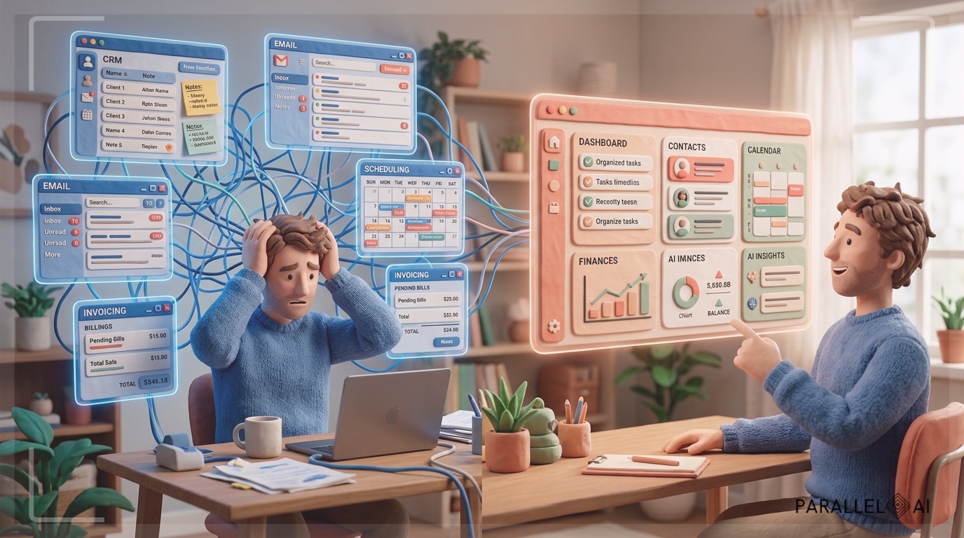 A modern workspace showing a frustrated solopreneur surrounded by floating holographic screens displaying multiple overlapping software interfaces (CRM, email, scheduling, invoicing tools), with tangled connection lines between them creating visual chaos. The screens gradually dissolve and consolidate into a single, clean AI-powered platform on the right side of the composition, shown in warm pastel tones. The transformation creates a sense of relief and clarity. Studio lighting with soft shadows, professional photography style with slight depth of field, warm color temperature transitioning from cool blues (chaos) to warm corals and peaches (solution). Handcrafted tactile quality with claymation-inspired textures on interface elements, matte finish throughout. professional aesthetic of a modern AI platform, in AirBNB claymation style, soft pastel color palette with warm tones, gentle and playful textures, diffused natural lighting, balanced composition with centered focus, matte finish with handcrafted feel, warm inviting mood blending technological innovation with cozy charm --ar 16:9 --style raw --v 6 (with template: New Frame)