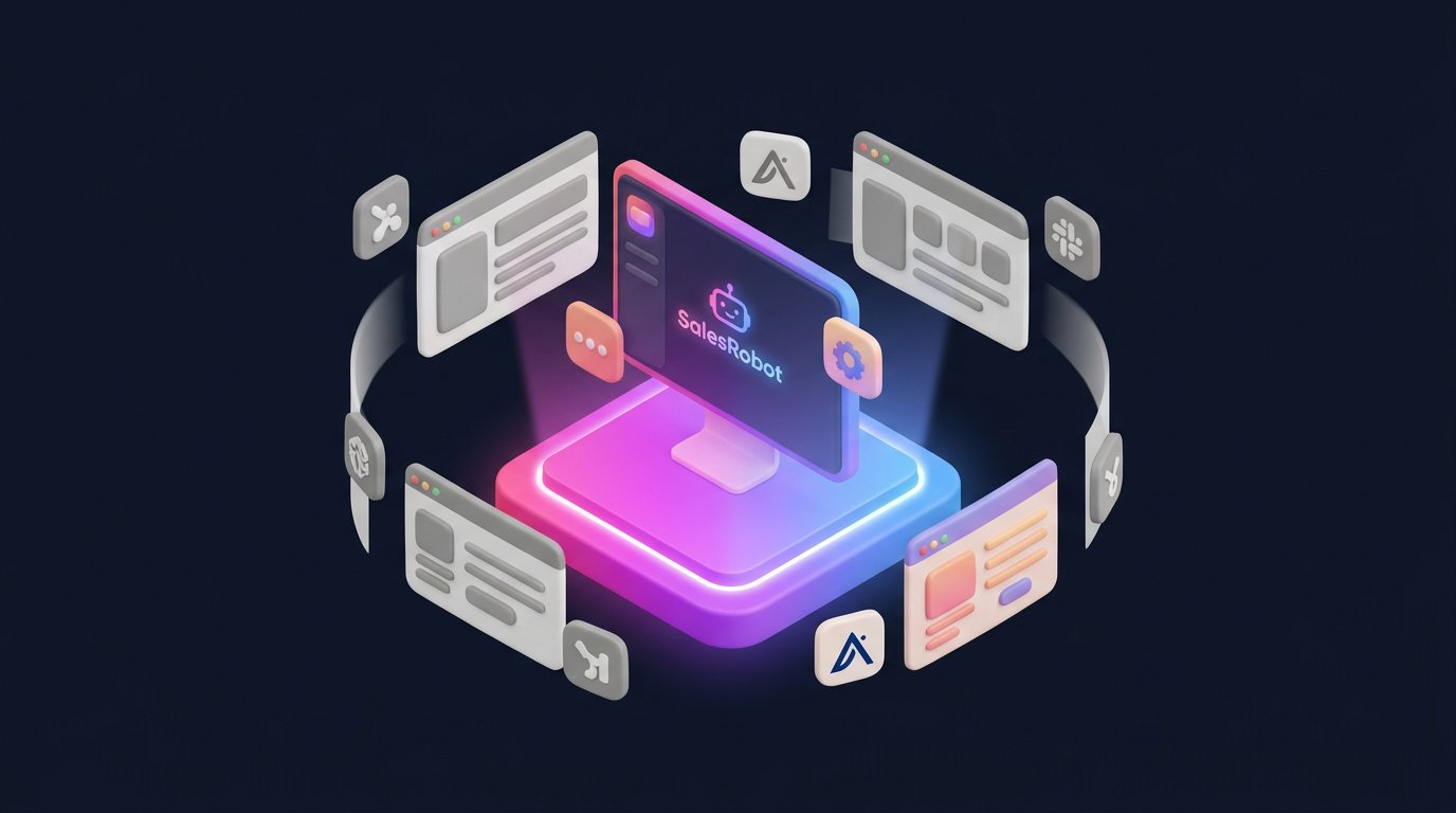 A futuristic, isometric 3D illustration of a centralized, unified tech stack hub. A glowing core platform radiates light, with multiple floating screens and app icons orbiting around it, being elegantly pulled in and consolidated. The orbiting disparate tools appear fragmented and gray, while the central hub glows with a vibrant magenta-to-blue gradient. Replace one of the orbiting app icons with the provided reference logo to represent the 'Apollo' tool being replaced. Add a subtle, glowing SalesRobot logo on the hub's main screen to signify the recommended solution. The style should be sleek, modern, clean corporate illustration with soft shadows and luminescent effects, aligning with the dark, tech-forward aesthetic. The composition conveys the blog post's theme of moving from a fragmented stack to a unified revenue workflow. Backdrop is a deep dark blue, almost black, to make the glowing elements pop.. Style: professional aesthetic of a modern AI platform, in AirBNB claymation style, soft pastel color palette with warm tones, gentle and playful textures, diffused natural lighting, balanced composition with centered focus, matte finish with handcrafted feel, warm inviting mood blending technological innovation with cozy charm --ar 16:9 --style raw --v 6