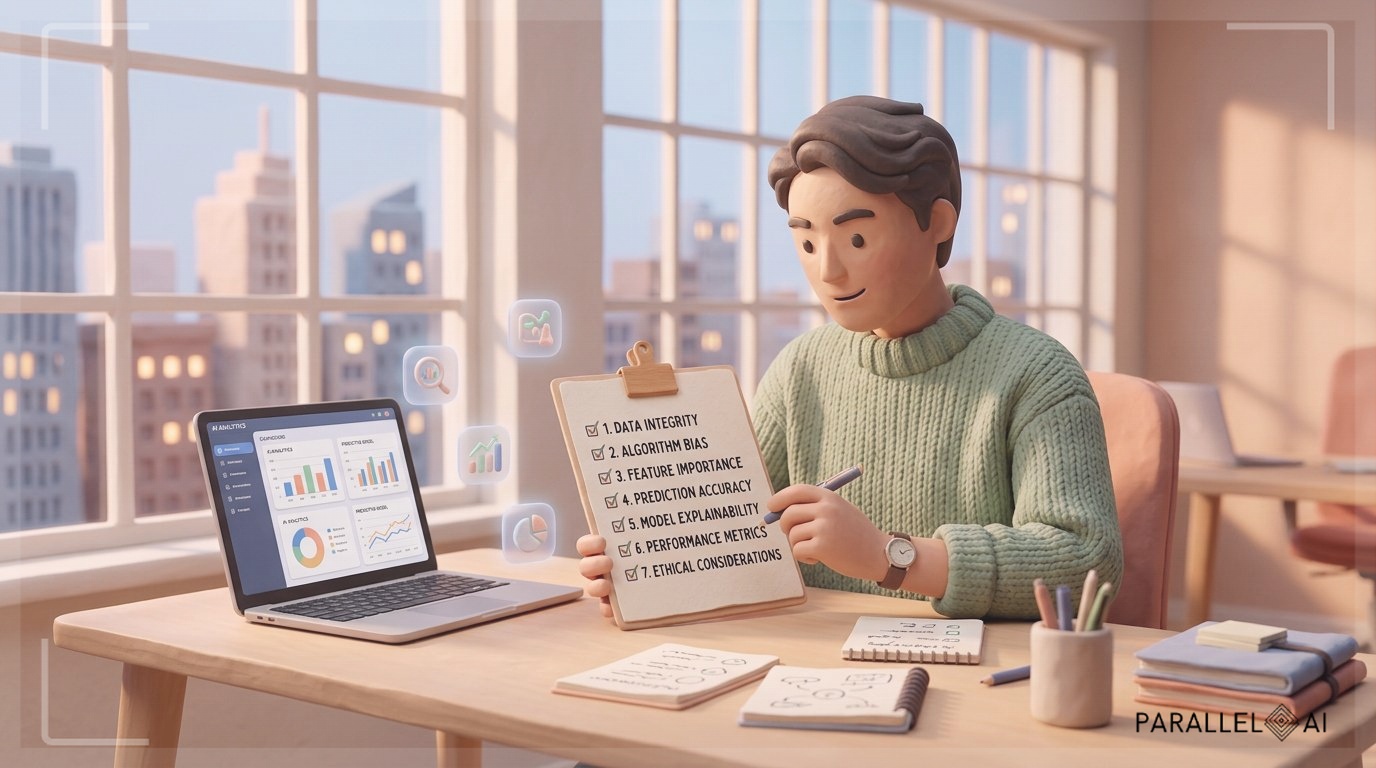 A modern solopreneur sitting at a clean desk reviewing a checklist with seven items, professional office environment with large windows showing a city skyline, warm natural lighting from the side, laptop displaying a dashboard interface with AI analytics, documents and notepads scattered strategically showing evaluation criteria, subtle tech elements like floating holographic icons representing AI features, person appears confident and thoughtful, professional yet approachable mood, shallow depth of field focusing on the checklist, color palette featuring soft pastels with warm undertones, matte textures with a slightly handcrafted aesthetic, cinematic composition with the subject slightly off-center, professional aesthetic of a modern AI platform, in AirBNB claymation style, soft pastel color palette with warm tones, gentle and playful textures, diffused natural lighting, balanced composition with centered focus, matte finish with handcrafted feel, warm inviting mood blending technological innovation with cozy charm --ar 16:9 --style raw --v 6 (with template: New Frame)