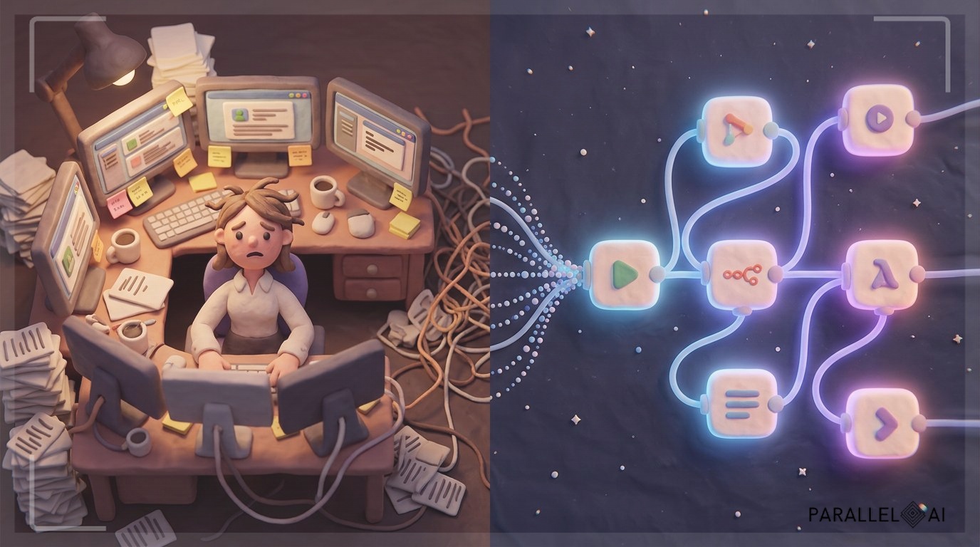 A split-screen composition showing contrast between human and AI workflow automation: left side features a stressed virtual assistant at a cluttered desk with multiple monitors, sticky notes, and coffee cups in dim office lighting; right side shows a clean, glowing n8n workflow diagram with connected nodes floating in space, emanating soft blue and purple light trails representing automated processes running seamlessly. The center dividing line transforms from chaotic to organized, with digital particles flowing from left to right. Dramatic lighting emphasizes the transformation from manual to automated work. Overhead perspective with slight depth of field, modern tech aesthetic with subtle motion blur on the automation side suggesting continuous operation. professional aesthetic of a modern AI platform, in AirBNB claymation style, soft pastel color palette with warm tones, gentle and playful textures, diffused natural lighting, balanced composition with centered focus, matte finish with handcrafted feel, warm inviting mood blending technological innovation with cozy charm --ar 16:9 --style raw --v 6 (with template: New Frame)