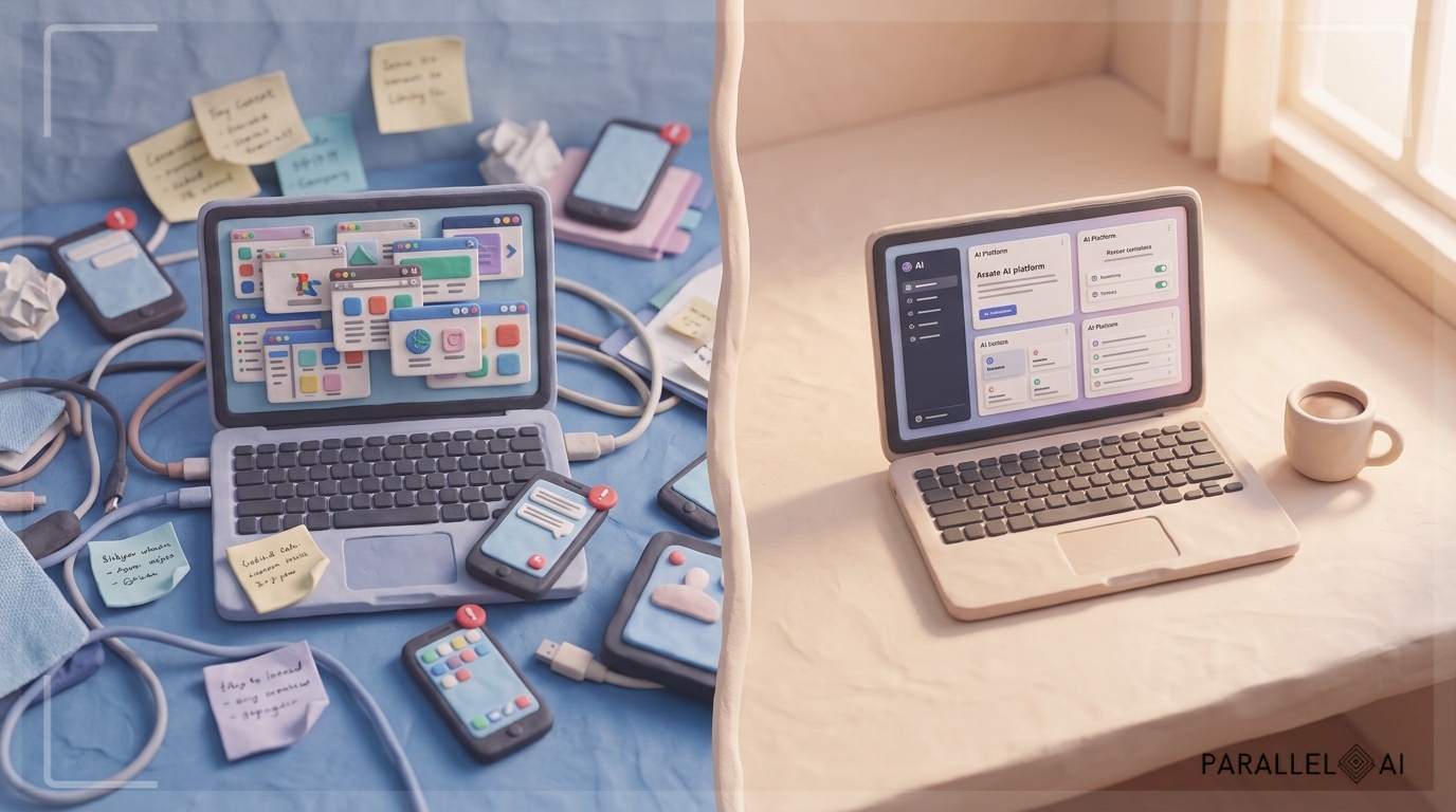 A solopreneur's workspace viewed from above showing dramatic before-and-after comparison: left side cluttered with 12+ overlapping app windows, scattered sticky notes, multiple devices with notification badges, tangled cables creating chaos; right side clean and minimal with just 3-4 AI platform interfaces displayed on a sleek laptop, organized workspace with a single coffee cup, gentle morning light streaming from window, soft shadows, clear desk surface visible. Split composition down the middle with subtle dividing line, warm natural lighting from right side, cooler tones on cluttered left side, professional photography style with shallow depth of field, professional aesthetic of a modern AI platform, in AirBNB claymation style, soft pastel color palette with warm tones, gentle and playful textures, diffused natural lighting, balanced composition with centered focus, matte finish with handcrafted feel, warm inviting mood blending technological innovation with cozy charm --ar 16:9 --style raw --v 6 (with template: New Frame)