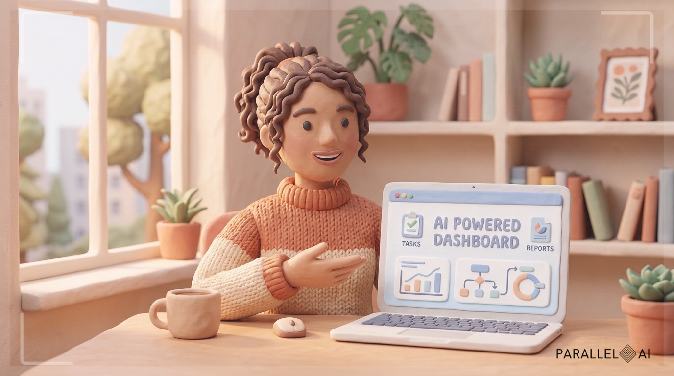 A solopreneur confidently presenting an AI-powered dashboard on a laptop in a modern, minimalist home office setting, warm morning light streaming through a window, laptop screen displays clean white-labeled AI interface with graphs and automation workflows, person's hands gesturing toward screen in an explanatory pose, desk features subtle tech elements like wireless mouse and coffee mug, background softly blurred with potted plants and shelving, composition emphasizes accessibility and empowerment, shallow depth of field focusing on laptop screen, warm color temperature with emphasis on soft blues and creams suggesting approachability and intelligence, professional yet cozy atmosphere conveying 'anyone can do this' message, photorealistic style with slight editorial polish, professional aesthetic of a modern AI platform, in AirBNB claymation style, soft pastel color palette with warm tones, gentle and playful textures, diffused natural lighting, balanced composition with centered focus, matte finish with handcrafted feel, warm inviting mood blending technological innovation with cozy charm --ar 16:9 --style raw --v 6 (with template: New Frame)