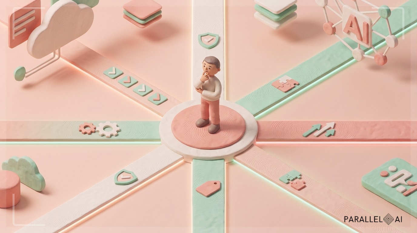 A minimalist isometric illustration of a decision-making crossroads, featuring seven glowing pathways emanating from a central platform, each path marked with symbolic icons representing evaluation criteria (checkmarks, gears, security shields, price tags, puzzle pieces, growth arrows, and support symbols). The scene shows a small clay-textured figure standing at the center platform, looking thoughtfully at the different paths ahead. The composition uses a soft pastel color palette dominated by warm peachy-pinks, mint greens, and cream whites. Gentle rim lighting creates depth, with each pathway subtly glowing in harmonious colors. The background features abstract floating geometric shapes suggesting cloud infrastructure and AI networks, rendered in the same claymation aesthetic with matte textures. The entire scene has a handcrafted, tactile quality with visible fingerprint-like textures on surfaces. Centered composition with the figure slightly off-center to create visual interest, diffused natural lighting from above creating soft shadows, warm and inviting mood that makes complex technology decisions feel approachable and manageable, professional aesthetic of a modern AI platform, in AirBNB claymation style, soft pastel color palette with warm tones, gentle and playful textures, diffused natural lighting, balanced composition with centered focus, matte finish with handcrafted feel, warm inviting mood blending technological innovation with cozy charm --ar 16:9 --style raw --v 6 (with template: New Frame)