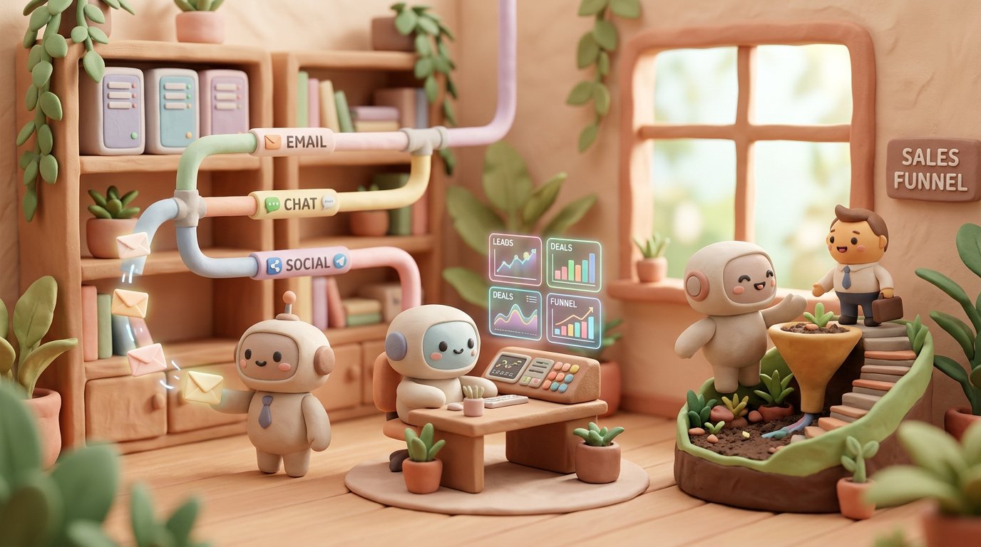A cozy claymation scene depicting a group of cute, small AI agent characters with soft, rounded forms and gentle textures, autonomously managing a whimsical sales pipeline. One agent is sending glowing little envelopes through a miniature multi-channel network of pastel tubes (email, chat, social icons), another is analyzing floating holographic data charts above a tiny clay dashboard, while a third warmly welcomes a clay customer character at the top of a funnel-shaped garden. The environment blends a modern, clean tech workspace with handcrafted charm: a soft-focus background of warm-toned pastel servers and leafy plants, diffused natural lighting streaming through a clay window, balanced centered composition, matte finish. The overall mood is warm, inviting, and innovative, capturing the essence of autonomous AI revolutionizing sales. professional aesthetic of a modern AI platform, in AirBNB claymation style, soft pastel color palette with warm tones, gentle and playful textures, diffused natural lighting, balanced composition with centered focus, matte finish with handcrafted feel, warm inviting mood blending technological innovation with cozy charm --ar 16:9 --style raw --v 6