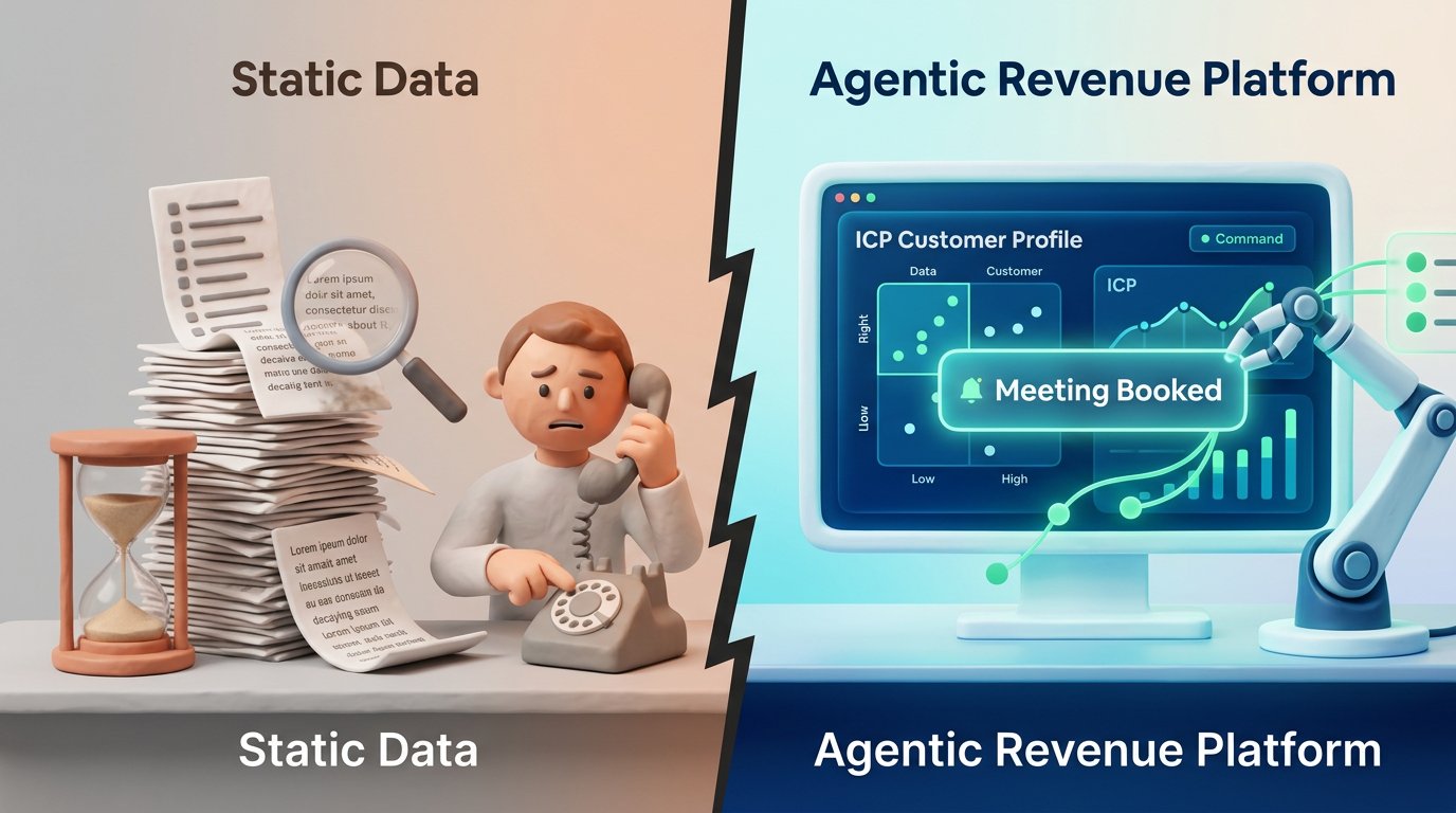 Split-screen comparison graphic in a modern, clean SaaS illustration style. On the left, a chaotic and outdated scene representing 'Static Data': a messy stack of paper lists, an hourglass with sand running out, a magnifying glass over decaying text, and a frustrated-looking generic figure manually dialing a retro phone, rendered in muted grays and faded oranges. A stark, jagged divider separates it from the right side, which represents 'Agentic Revenue Platform'. This side shows a streamlined, futuristic command center with a large digital screen displaying an Ideal Customer Profile matrix and a glowing 'Meeting Booked' notification. An elegant robotic hand orchestrating the flow of clean, green data points without human intervention. The scene is rendered in vibrant brand-aligned deep blue, cyan, and white tones. The composition visually communicates the evolution from manual, decaying processes to autonomous, live, meeting-generating systems.. Style: professional aesthetic of a modern AI platform, in AirBNB claymation style, soft pastel color palette with warm tones, gentle and playful textures, diffused natural lighting, balanced composition with centered focus, matte finish with handcrafted feel, warm inviting mood blending technological innovation with cozy charm --ar 16:9 --style raw --v 6. Style: professional aesthetic of a modern AI platform, in AirBNB claymation style, soft pastel color palette with warm tones, gentle and playful textures, diffused natural lighting, balanced composition with centered focus, matte finish with handcrafted feel, warm inviting mood blending technological innovation with cozy charm --ar 16:9 --style raw --v 6