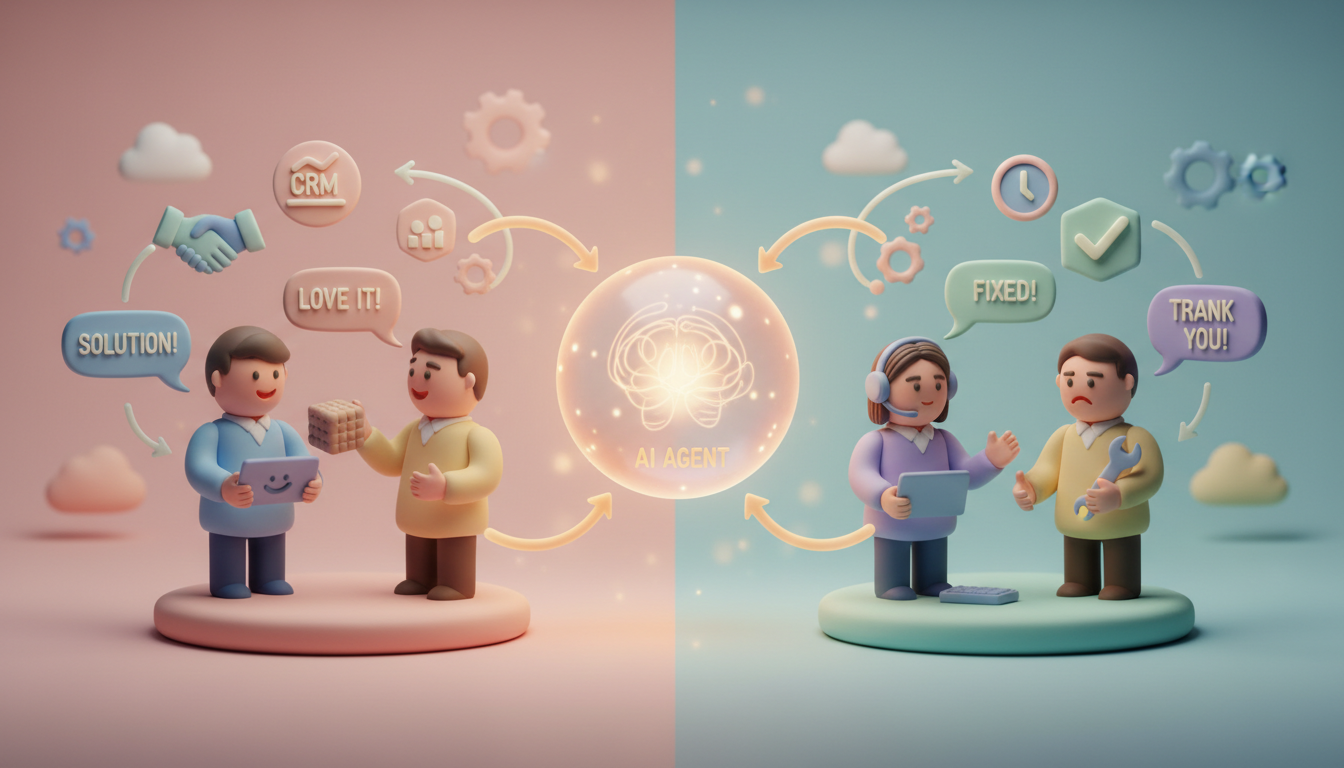 A split claymation scene: left side shows a friendly sales chat with a prospect, right side shows a support ticket resolution, both conversations merging into a central AI agent represented as a warm, glowing orb. Subtle CRM icons and workflow arrows appear softly in the background. Soft pastel palette, diffused lighting, centered composition, warm and professional yet playful. professional aesthetic of a modern AI platform, in AirBNB claymation style, soft pastel color palette with warm tones, gentle and playful textures, diffused natural lighting, balanced composition with centered focus, matte finish with handcrafted feel, warm inviting mood blending technological innovation with cozy charm --ar 16:9 --style raw --v 6 (with template: New Frame)