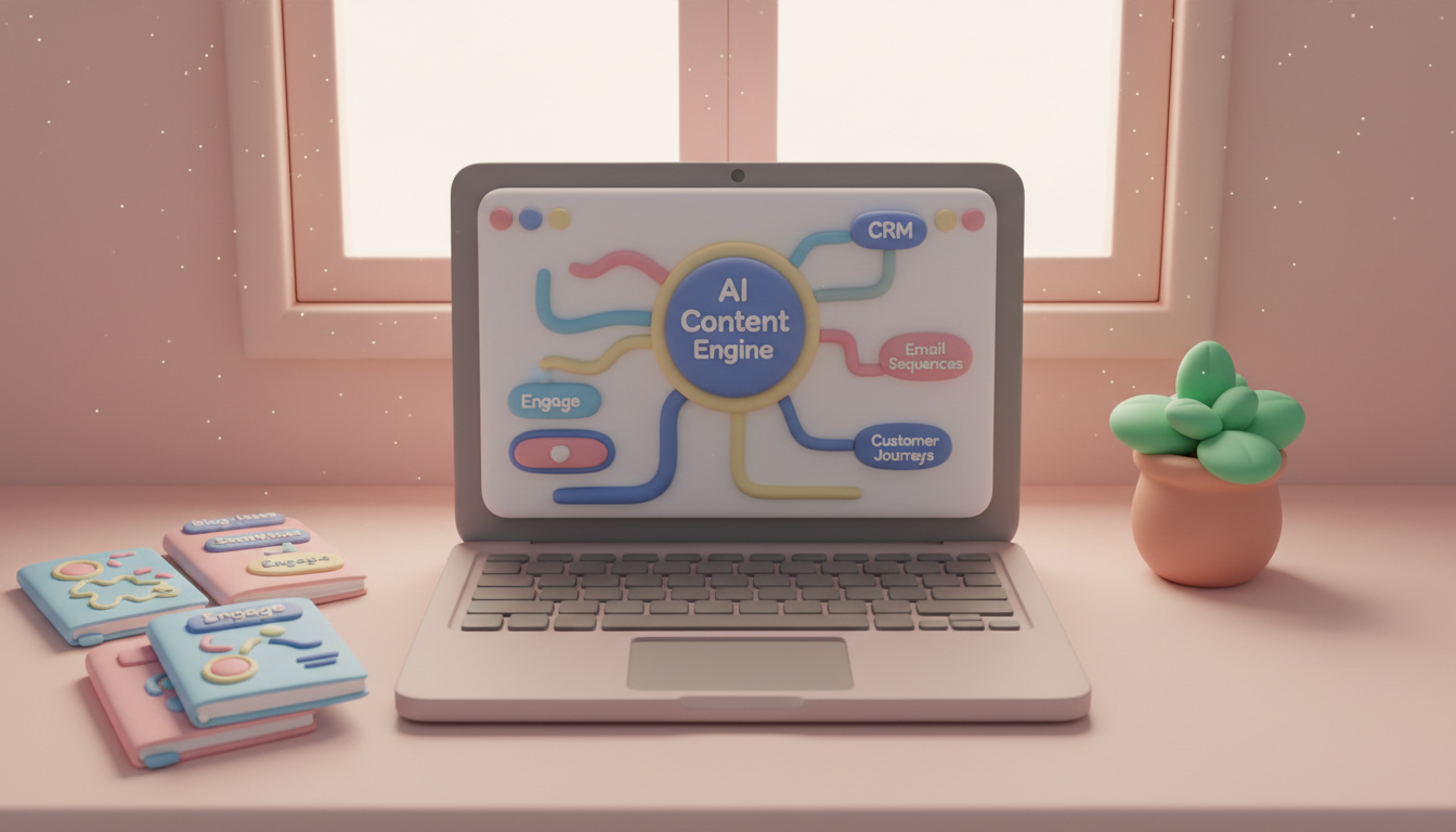 An inviting, cozy desk scene in AirBNB claymation style, with a pastel-colored laptop showing a friendly AI content engine dashboard with flowing lines connecting to CRM, email sequences, and customer journeys. The desk has handcrafted clay-like notebooks with doodles of content ideas, a small potted plant with rounded leaves, and warm sunlight streaming through a window. Everything is soft, playful, and centered, with a matte finish and gentle diffused lighting. professional aesthetic of a modern AI platform, in AirBNB claymation style, soft pastel color palette with warm tones, gentle and playful textures, diffused natural lighting, balanced composition with centered focus, matte finish with handcrafted feel, warm inviting mood blending technological innovation with cozy charm --ar 16:9 --style raw --v 6 (with template: New Frame)
