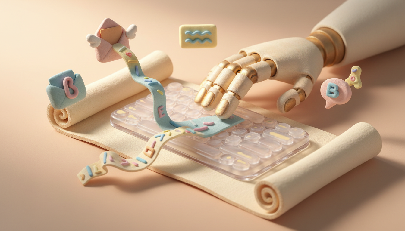 Close-up claymation illustration of an AI-powered writing assistant in a soft pastel dream world. A stylized robot hand types on a translucent keyboard, with ribbons of copy flowing into a document. Icons like email, ad banners, and blog posts float gently around. The scene uses warm, diffused lighting and a matte, handcrafted texture. Centered composition with a playful, inviting mood. Professional aesthetic of a modern AI platform, in AirBNB claymation style, soft pastel color palette with warm tones, gentle and playful textures, diffused natural lighting, balanced composition with centered focus, matte finish with handcrafted feel, warm inviting mood blending technological innovation with cozy charm --ar 16:9 --style raw --v 6 professional aesthetic of a modern AI platform, in AirBNB claymation style, soft pastel color palette with warm tones, gentle and playful textures, diffused natural lighting, balanced composition with centered focus, matte finish with handcrafted feel, warm inviting mood blending technological innovation with cozy charm --ar 16:9 --style raw --v 6 (with template: New Frame)