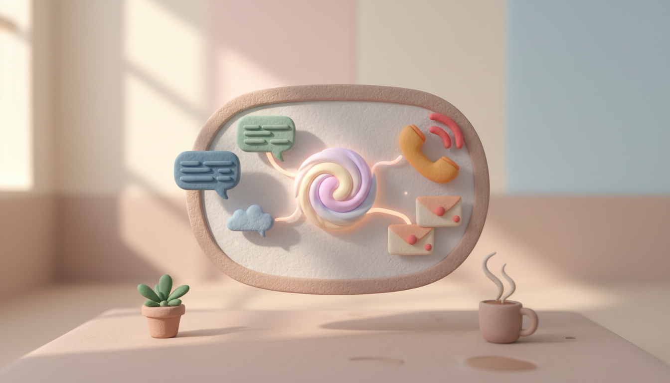 A single, central claymation-style interface screen, round and soft-edged like a handcrafted object, seamlessly merging live chat bubbles, a ringing phone, and envelope icons into one smooth workflow. The AI customer support platform materializes as a gentle, glowing orb weaving these communication threads together with warm, pastel-colored light. The scene exudes calm organization: a soft desk surface below, perhaps a tiny potted plant and a steaming mug, all coated in matte textures with subtle fingerprints of hand-sculpting. professional aesthetic of a modern AI platform, in AirBNB claymation style, soft pastel color palette with warm tones, gentle and playful textures, diffused natural lighting, balanced composition with centered focus, matte finish with handcrafted feel, warm inviting mood blending technological innovation with cozy charm --ar 16:9 --style raw --v 6 (with template: New Frame)