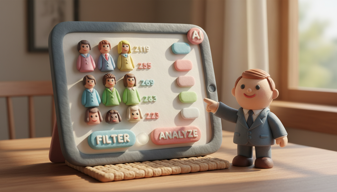 A claymation illustration of an AI lead scoring dashboard: a tactile, handcrafted screen showing a leaderboard with colorful clay figures representing leads ranked by score. A small clay sales representative character stands beside the screen, smiling and pointing at the top leads. The dashboard has playful buttons and soft glowing indicators. The scene is bathed in diffused natural light, with a soft pastel palette and warm, cozy atmosphere. Balanced composition, matte finish, blending tech innovation with cozy charm. professional aesthetic of a modern AI platform, in AirBNB claymation style, soft pastel color palette with warm tones, gentle and playful textures, diffused natural lighting, balanced composition with centered focus, matte finish with handcrafted feel, warm inviting mood blending technological innovation with cozy charm --ar 16:9 --style raw --v 6 (with template: New Frame)
