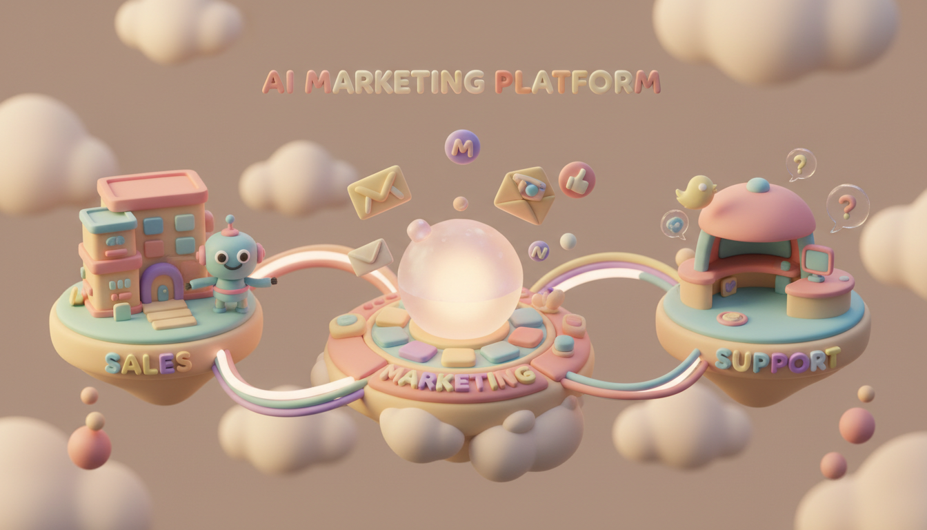 A unified AI marketing platform dashboard depicted in AirBNB claymation style. A central, softly glowing hub connects three iconic, toy-like islands representing Sales (a little CRM building with a friendly robot), Marketing (a campaign launch pad with floating envelopes and social media icons), and Support (a cozy help desk with chat bubbles). All elements are interconnected by glowing, pastel-colored data streams under a warm, diffused natural light. The composition is balanced and centered, with handcrafted textures, matte finish, and a welcoming atmosphere that blends technological innovation with cozy charm. professional aesthetic of a modern AI platform, in AirBNB claymation style, soft pastel color palette with warm tones, gentle and playful textures, diffused natural lighting, balanced composition with centered focus, matte finish with handcrafted feel, warm inviting mood blending technological innovation with cozy charm --ar 16:9 --style raw --v 6 (with template: New Frame)