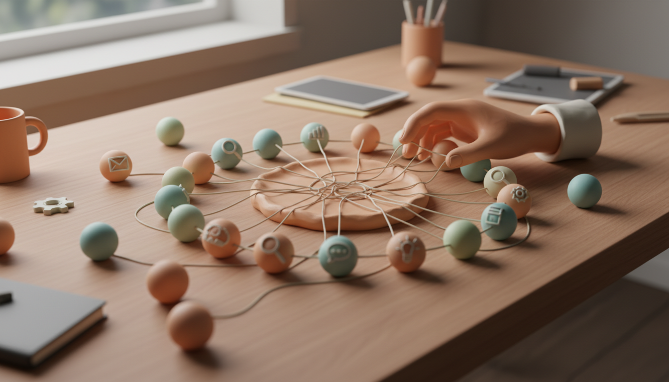Illustrate a chaotic desk scene from a bird's-eye view, with a slight tilt. Multiple disconnected, muted-color spheres labeled with marketing tool icons (e.g., an envelope, a bar chart, a chat bubble) are scattered in disarray, connected by a tangled web of messy strings. From a central, warm-toned clay platform in the middle, a gentle, smart-looking AI assistant hand crafted from clay is untangling the strings and smoothly arranging the tool-spheres into a clean, single-file connected circle around it. The lighting is diffused and natural, coming from a soft window off-camera. professional aesthetic of a modern AI platform, in AirBNB claymation style, soft pastel color palette with warm tones, gentle and playful textures, diffused natural lighting, balanced composition with centered focus, matte finish with handcrafted feel, warm inviting mood blending technological innovation with cozy charm --ar 1:1 --style raw --v 6 professional aesthetic of a modern AI platform, in AirBNB claymation style, soft pastel color palette with warm tones, gentle and playful textures, diffused natural lighting, balanced composition with centered focus, matte finish with handcrafted feel, warm inviting mood blending technological innovation with cozy charm --ar 16:9 --style raw --v 6 (with template: New Frame)