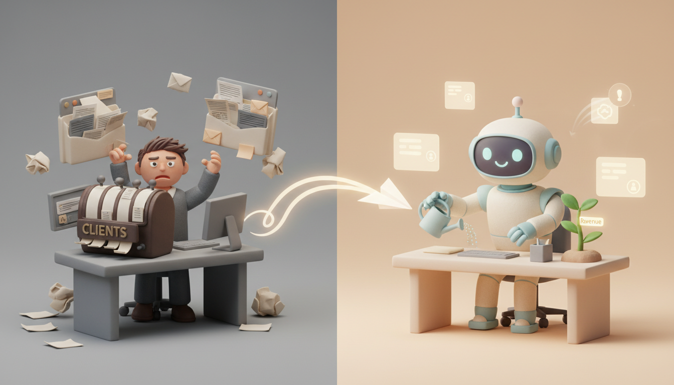 A split-composition 3D illustration, contrasting two worlds. On the left, a chaotic, gray-tinted desk scene: a stressed miniature business owner manually juggling a giant Rolodex, scattered paper leads, and an overflowing email inbox, rendered in dull, tired tones. On the right, a serene, warm pastel landscape: a friendly, soft-textured AI robot assistant with a gentle smile autonomously organizing glowing holographic lead cards, watering a small sprouting plant labeled 'Revenue', and sending a paper airplane that smoothly transforms into a smart digital notification. The robot sits at a clean, modern clay desk. A flowing path of soft light connects the two sides, showing the transition. professional aesthetic of a modern AI platform, in AirBNB claymation style, soft pastel color palette with warm tones, gentle and playful textures, diffused natural lighting, balanced composition with centered focus, matte finish with handcrafted feel, warm inviting mood blending technological innovation with cozy charm --ar 16:9 --style raw --v 6 (with template: New Frame)
