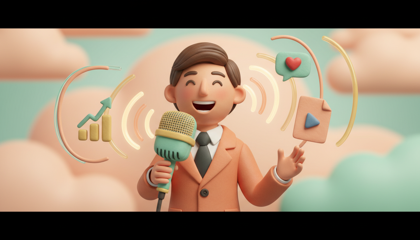 A central claymation scene of a cheerful business professional speaking into a retro microphone. Soft glowing soundwaves swirl outward, transforming into tiny handcrafted clay icons: a rising sales graph, a chat bubble with a heart, and a document with a play button. The composition is balanced and centered, with gentle diffused natural lighting, soft pastel colors (warm peach, mint, butter yellow), and visible finger-sculpted textures. The mood is warm and inviting, blending technological innovation with cozy, handcrafted charm. professional aesthetic of a modern AI platform, in AirBNB claymation style, soft pastel color palette with warm tones, gentle and playful textures, diffused natural lighting, balanced composition with centered focus, matte finish with handcrafted feel, warm inviting mood blending technological innovation with cozy charm --ar 16:9 --style raw --v 6 (with template: New Frame)