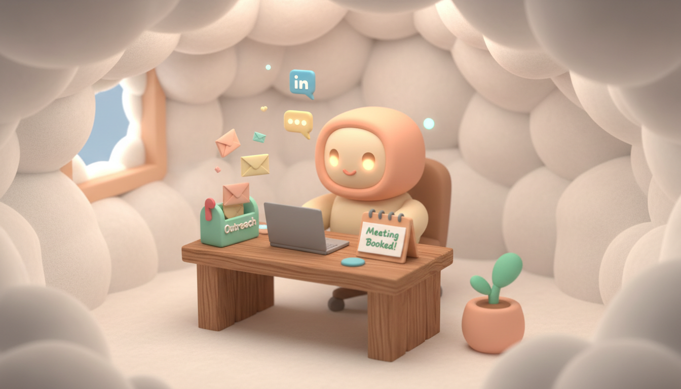A cozy claymation scene featuring a friendly autonomous AI sales agent. The agent is a small, rounded geometric character with soft glowing eyes, sitting at a miniature wooden desk. On the desk, pastel-colored envelopes float gently into a mailbox label 'Outreach', tiny glowing speech bubbles represent LinkedIn messages, and a miniature desk calendar flips to show a 'Meeting Booked!' note. A miniature potted plant with a single leaf adds warmth. The setting is a softly lit, cloud-like office space with gentle, handcrafted textures, all in a soothing palette of peach, mint, and buttercream. professional aesthetic of a modern AI platform, in AirBNB claymation style, soft pastel color palette with warm tones, gentle and playful textures, diffused natural lighting, balanced composition with centered focus, matte finish with handcrafted feel, warm inviting mood blending technological innovation with cozy charm --ar 16:9 --style raw --v 6 (with template: New Frame)