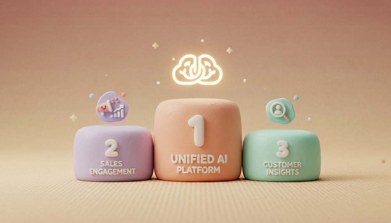 A stylized ranking of the top AI sales tools presented as a cozy, handcrafted podium scene. Three soft claymation podiums with gentle pastel finishes and rounded edges stand under diffused natural light. The number one podium holds a small unified AI platform icon with a warm glow, while the second and third show smaller playful icons representing specialized tools. The background is a soft gradient of pastel warm tones, with subtle, handcrafted texture. The entire scene evokes an inviting, friendly competition, blending the sophisticated idea of AI sales rankings with a charming, claymation aesthetic. professional aesthetic of a modern AI platform, in AirBNB claymation style, soft pastel color palette with warm tones, gentle and playful textures, diffused natural lighting, balanced composition with centered focus, matte finish with handcrafted feel, warm inviting mood blending technological innovation with cozy charm --ar 16:9 --style raw --v 6 (with template: New Frame)