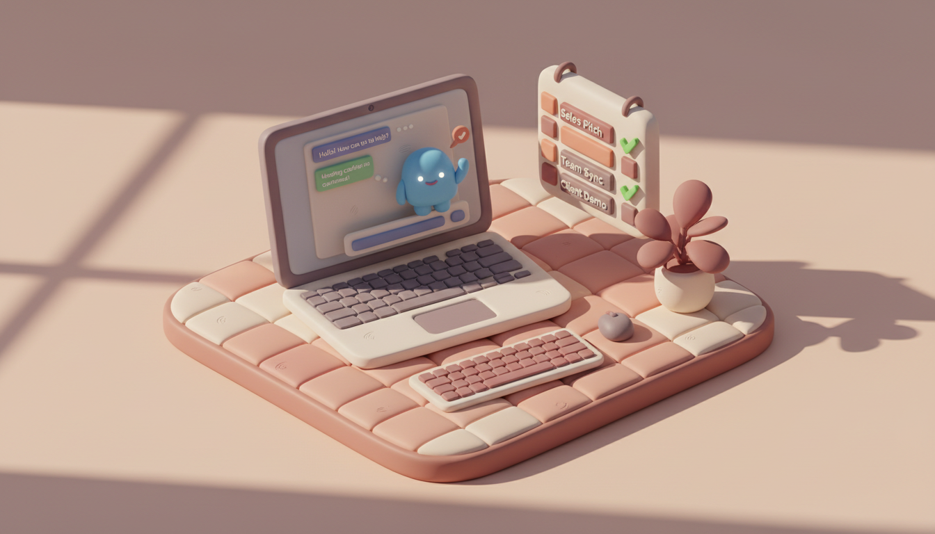 An isometric claymation scene of a modern sales workspace: a laptop displays a chat conversation where a tiny, friendly AI assistant figure waves, a calendar shows multiple scheduled meetings with glowing confirmation checks, soft pastel warm colors, gentle handcrafted textures, diffused natural lighting, centered composition blending technology innovation with cozy charm. professional aesthetic of a modern AI platform, in AirBNB claymation style, soft pastel color palette with warm tones, gentle and playful textures, diffused natural lighting, balanced composition with centered focus, matte finish with handcrafted feel, warm inviting mood blending technological innovation with cozy charm --ar 16:9 --style raw --v 6 (with template: New Frame)