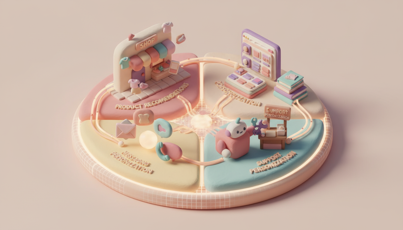 A stylized, isometric diorama of an AI-powered ecommerce personalization engine. The scene is divided into four interconnected quadrants representing the 'Four Pillars': 1) A miniature shop with floating, morphing product icons (Product Recommendations). 2) A tiny website layout screen displaying a customized landing page next to a stack of books (Content Personalization). 3) A cluster of communication icons—an email, a phone, a chat bubble—all emanating from a single glowing core (Messaging Personalization). 4) A small desk with a friendly support bot handing a wrench-shaped solution to a tiny customer figure (Support Personalization). All four sections are seamlessly linked by delicate, glowing data streams and sit on a unified data foundation base. professional aesthetic of a modern AI platform, in AirBNB claymation style, soft pastel color palette with warm tones, gentle and playful textures, diffused natural lighting, balanced composition with centered focus, matte finish with handcrafted feel, warm inviting mood blending technological innovation with cozy charm --ar 16:9 --style raw --v 6 (with template: New Frame)