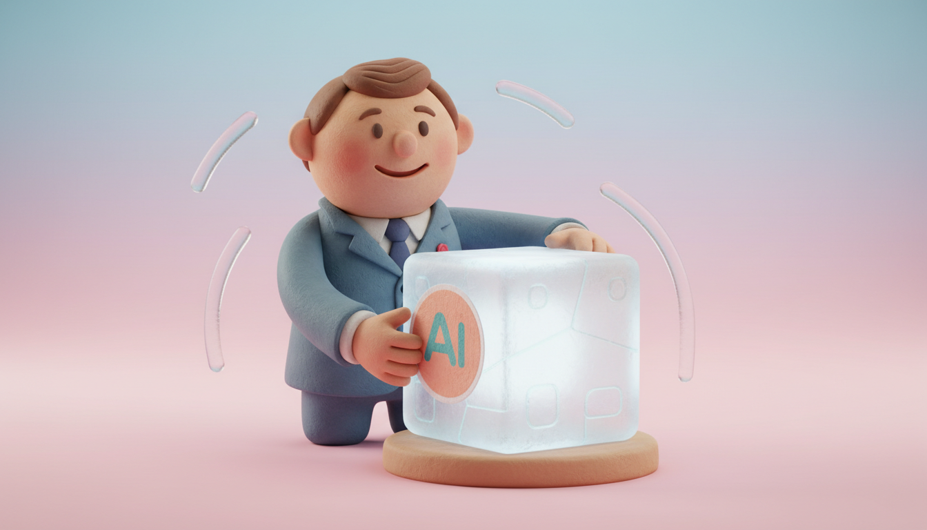 A claymation scene of a smiling business owner applying a custom brand sticker onto a glowing, translucent AI 'cube' device, symbolizing white-label AI services. The background is a soft, warm gradient of pastel pink and blue, with playful clay textures and gentle light rays. The composition is centered, matte finish, with a handcrafted feel, conveying innovation and coziness. professional aesthetic of a modern AI platform, in AirBNB claymation style, soft pastel color palette with warm tones, gentle and playful textures, diffused natural lighting, balanced composition with centered focus, matte finish with handcrafted feel, warm inviting mood blending technological innovation with cozy charm --ar 16:9 --style raw --v 6 (with template: New Frame)