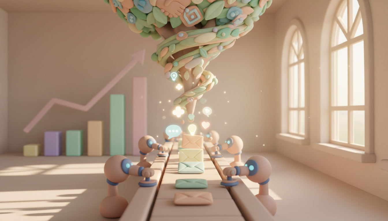 A whimsical, claymation conveyor belt inside a sunlit, pastel-colored workshop. Small, cute AI robot arms are sorting and stamping tiny envelopes, each one glowing with personalized activity icons (chat bubbles, hearts, lightbulbs). The envelopes gently float upward into a funnel that transforms into a growing tree made of handshake leaves, symbolizing automated lead generation and outreach. In the background, a soft pastel bar chart rises steadily, all with a matte, handcrafted texture and warm, cozy lighting. professional aesthetic of a modern AI platform, in AirBNB claymation style, soft pastel color palette with warm tones, gentle and playful textures, diffused natural lighting, balanced composition with centered focus, matte finish with handcrafted feel, warm inviting mood blending technological innovation with cozy charm --ar 16:9 --style raw --v 6 (with template: New Frame)
