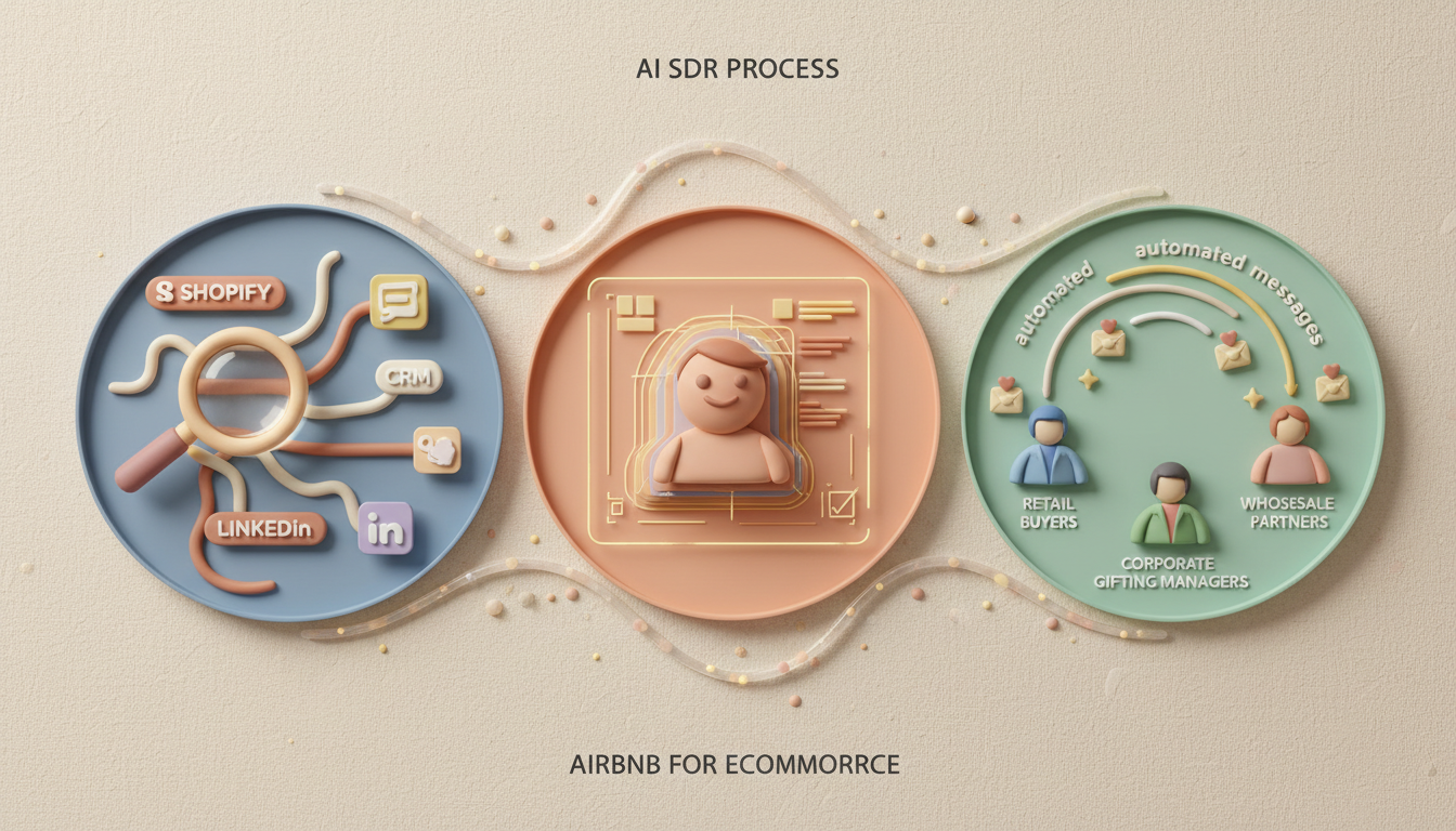A feature illustration in AirBNB claymation style visualizing the three-step AI SDR process for ecommerce. Three circular clay-like diorama panels, arranged horizontally, each with a soft pastel background. Left panel: a magnifying glass and data streams icon scanning Shopify, CRM, and LinkedIn symbols. Center panel: a clay-built ideal customer profile avatar taking shape from a warm-toned blueprint. Right panel: automated messages flowing to retail buyers, wholesale partners, and corporate gifting managers with tiny personalized envelopes. Gentle, playful textures and diffused light connect the panels. The composition is balanced, centered, with a matte finish and cozy, inviting mood that merges technology with handcrafted warmth. professional aesthetic of a modern AI platform, in AirBNB claymation style, soft pastel color palette with warm tones, gentle and playful textures, diffused natural lighting, balanced composition with centered focus, matte finish with handcrafted feel, warm inviting mood blending technological innovation with cozy charm --ar 16:9 --style raw --v 6 (with template: New Frame)