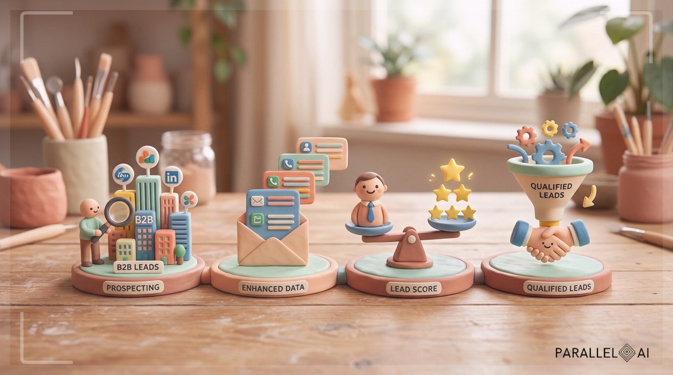 A seamless four-step AI lead generation pipeline depicted as a row of soft clay dioramas on a warm pastel worktable. Starting from the left, a tiny clay magnifying glass scanning a colorful B2B database model (prospecting), then a small clay envelope unfolding into layered data cards (enrichment), a clay scale balancing a lead character with star ratings (scoring), and finally a smiling clay handshake emerging from an automated funnel (qualification). Soft diffused natural lighting, gentle playful textures, centered balanced composition, matte handcrafted finish, cozy and welcoming atmosphere that makes complex automation feel approachable and human. professional aesthetic of a modern AI platform, in AirBNB claymation style, soft pastel color palette with warm tones, gentle and playful textures, diffused natural lighting, balanced composition with centered focus, matte finish with handcrafted feel, warm inviting mood blending technological innovation with cozy charm --ar 16:9 --style raw --v 6 (with template: New Frame)