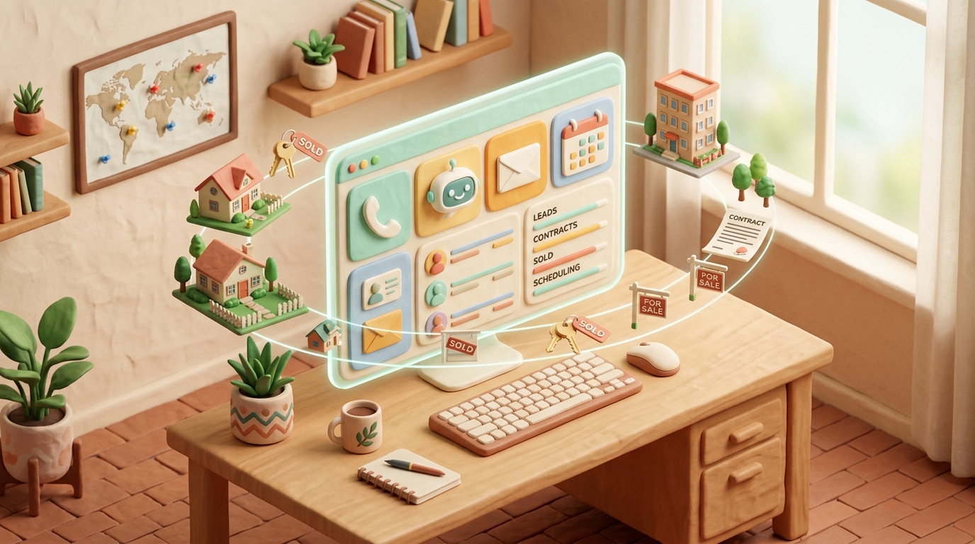 A wide isometric workspace of a modern real estate agent, centered with a glowing, unified AI dashboard floating above a desk, multiple real estate elements like tiny houses, keys, and sold signs orbiting harmoniously, soft claymation textures, all tools (phone, chatbot, email, calendar) integrated into a single gentle pastel interface, no clutter, warm amber and mint hues, diffused natural lighting, handcrafted matte finish, inviting and playful mood that blends technology with cozy charm. professional aesthetic of a modern AI platform, in AirBNB claymation style, soft pastel color palette with warm tones, gentle and playful textures, diffused natural lighting, balanced composition with centered focus, matte finish with handcrafted feel, warm inviting mood blending technological innovation with cozy charm --ar 16:9 --style raw --v 6