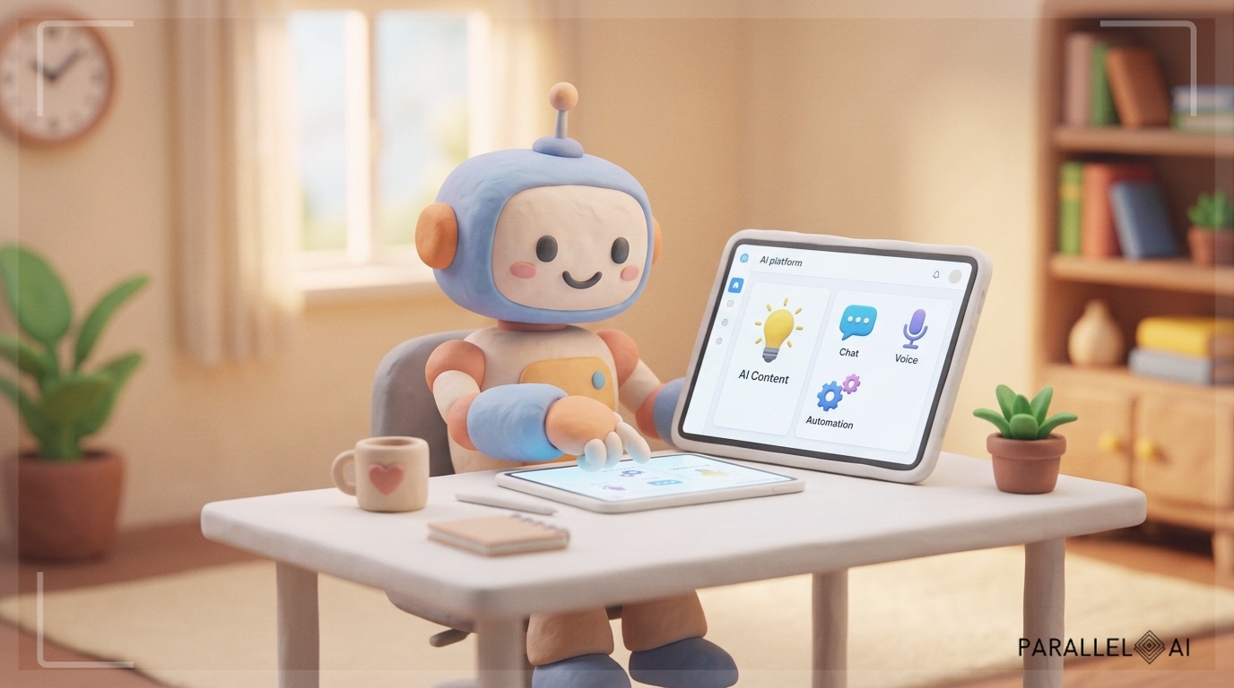 A cheerful claymation-style AI robot character sitting at a clean, modern white desk, gently tapping a sleek tablet that displays a white-label dashboard interface. The screen shows clean icons for AI content, chat, voice, and automation services—all without third-party logos, emphasizing a unified native platform. Soft pastel color palette dominates, with warm ambient lighting, gentle cast shadows, handcrafted clay textures, and a cozy, inviting atmosphere. professional aesthetic of a modern AI platform, in AirBNB claymation style, soft pastel color palette with warm tones, gentle and playful textures, diffused natural lighting, balanced composition with centered focus, matte finish with handcrafted feel, warm inviting mood blending technological innovation with cozy charm --ar 16:9 --v 6 professional aesthetic of a modern AI platform, in AirBNB claymation style, soft pastel color palette with warm tones, gentle and playful textures, diffused natural lighting, balanced composition with centered focus, matte finish with handcrafted feel, warm inviting mood blending technological innovation with cozy charm --ar 16:9 --style raw --v 6 (with template: New Frame)