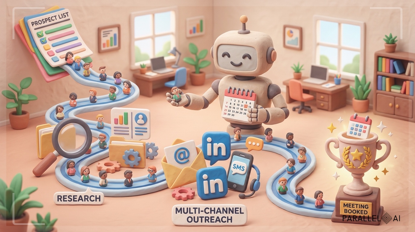 A playful claymation infographic scene illustrating the AI SDR outbound funnel. A winding stream of tiny clay figurines (leads) flows from a colorful prospecting list at the top left, through three distinct stages: a magnifying glass and data icons (research), multi-channel outreach (email envelope, LinkedIn logo, SMS phone), and finally arriving at a glowing, handcrafted 'Meeting Booked' trophy. A guiding AI robot with a friendly face and a calendar in hand oversees the flow from the center. The entire funnel is set against a warm, atmospheric backdrop of a miniature clay office. Soft pastel colors, handcrafted textures, diffused lighting, and a balanced composition that draws the eye toward the final booking step. professional aesthetic of a modern AI platform, in AirBNB claymation style, soft pastel color palette with warm tones, gentle and playful textures, diffused natural lighting, balanced composition with centered focus, matte finish with handcrafted feel, warm inviting mood blending technological innovation with cozy charm --ar 1:1 --style raw --v 6 professional aesthetic of a modern AI platform, in AirBNB claymation style, soft pastel color palette with warm tones, gentle and playful textures, diffused natural lighting, balanced composition with centered focus, matte finish with handcrafted feel, warm inviting mood blending technological innovation with cozy charm --ar 16:9 --style raw --v 6 (with template: New Frame)