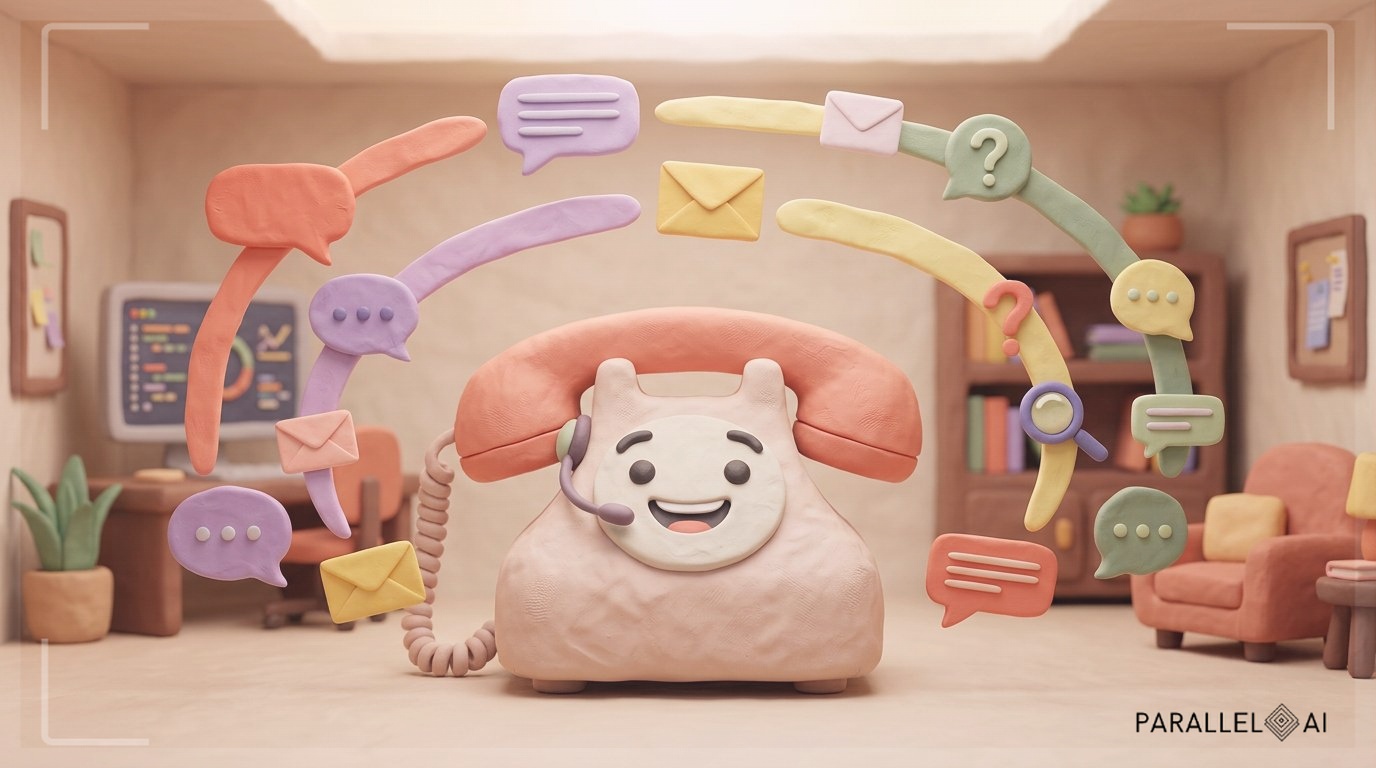 A playful claymation diorama illustrating multi-channel AI communication. In the foreground, a cute, anthropomorphic telephone with a headset smiles as colorful speech bubbles, email envelopes, and chat symbols float around it, forming gentle arcs. The color palette is soft pastels with warm coral, lavender, butter yellow, and sage green. The figures have a handcrafted texture with subtle fingerprints and slight imperfections. A soft, glowing spotlight from above creates a welcoming mood, while the background suggests a cozy, tech-empowered home office. The overall feel is reassuring and delightful, showing AI handling conversations across all channels effortlessly. professional aesthetic of a modern AI platform, in AirBNB claymation style, soft pastel color palette with warm tones, gentle and playful textures, diffused natural lighting, balanced composition with centered focus, matte finish with handcrafted feel, warm inviting mood blending technological innovation with cozy charm --ar 16:9 --style raw --v 6 (with template: New Frame)
