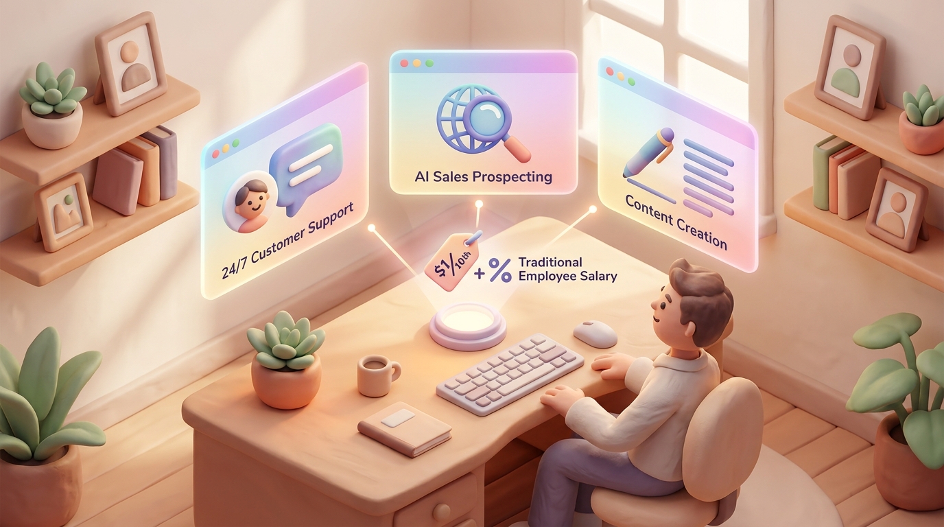 A sleek, minimalist flat illustration of a small business owner's desk transformed into a high-tech command center. Multiple glowing holographic screens float above a clean wooden desk, each showing a different integrated AI tool: a chat bubble for customer support, a magnifying glass for sales prospecting, a pen for content creation. The screens are interconnected by a single central hub with a small price tag showing a fraction of a traditional employee salary. Soft pastel gradients, modern vector art style, isometric perspective, Pinterest popular aesthetic, conveying clarity, affordability, and consolidation.. Style: professional aesthetic of a modern AI platform, in AirBNB claymation style, soft pastel color palette with warm tones, gentle and playful textures, diffused natural lighting, balanced composition with centered focus, matte finish with handcrafted feel, warm inviting mood blending technological innovation with cozy charm --ar 16:9 --style raw --v 6