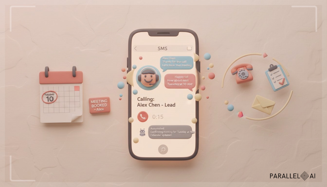 A claymation-style close-up of a smartphone screen at the center, showing an active call interface transitioning seamlessly into an SMS conversation thread with a lead. The screen glows warmly, with pastel speech bubbles and automated follow-up text. In the whimsical background, a handcrafted calendar page shows a 'meeting booked' slot, while floating pastel icons of a phone, envelope, and clipboard orbit softly. The composition is centered and balanced, with gentle, playful textures, diffused natural lighting, and a matte finish. The mood is cozy yet innovative, merging AI technology with a charming handmade aesthetic. professional aesthetic of a modern AI platform, in AirBNB claymation style, soft pastel color palette with warm tones, gentle and playful textures, diffused natural lighting, balanced composition with centered focus, matte finish with handcrafted feel, warm inviting mood blending technological innovation with cozy charm --ar 1:1 --style raw --v 6 professional aesthetic of a modern AI platform, in AirBNB claymation style, soft pastel color palette with warm tones, gentle and playful textures, diffused natural lighting, balanced composition with centered focus, matte finish with handcrafted feel, warm inviting mood blending technological innovation with cozy charm --ar 16:9 --style raw --v 6 (with template: New Frame)
