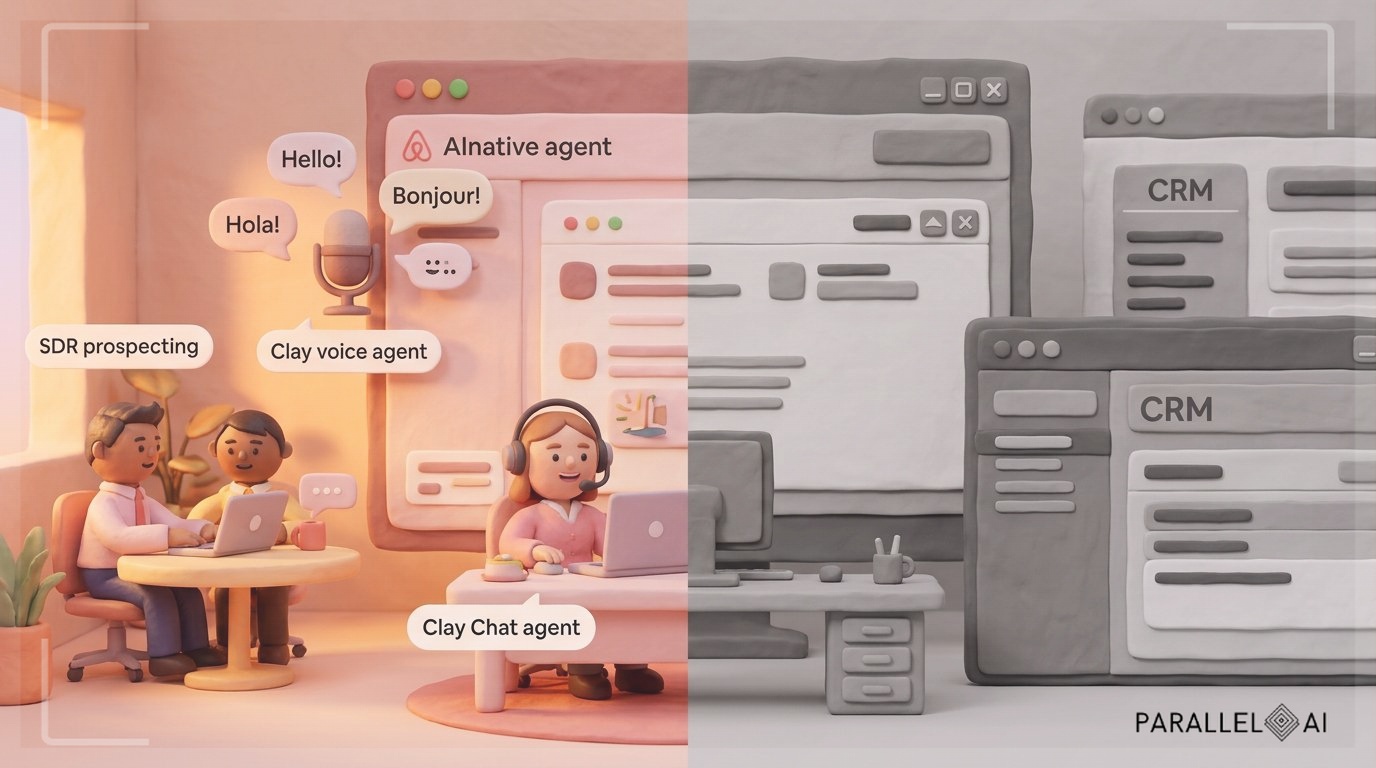 A split-view claymation illustration comparing four platforms: one side a cheerful, AI-native workspace with miniature clay SDR avatars prospecting autonomously, a voice agent speaking multiple languages, and a chat agent with a friendly clay headset. The other side shows older, static CRM interfaces with clunky, rigid shapes. The AI side glows with warm amber and soft rose, while the other is muted gray, highlighting the transition. playful textures and thoughtful composition. professional aesthetic of a modern AI platform, in AirBNB claymation style, soft pastel color palette with warm tones, gentle and playful textures, diffused natural lighting, balanced composition with centered focus, matte finish with handcrafted feel, warm inviting mood blending technological innovation with cozy charm --ar 16:9 --style raw --v 6 (with template: New Frame)